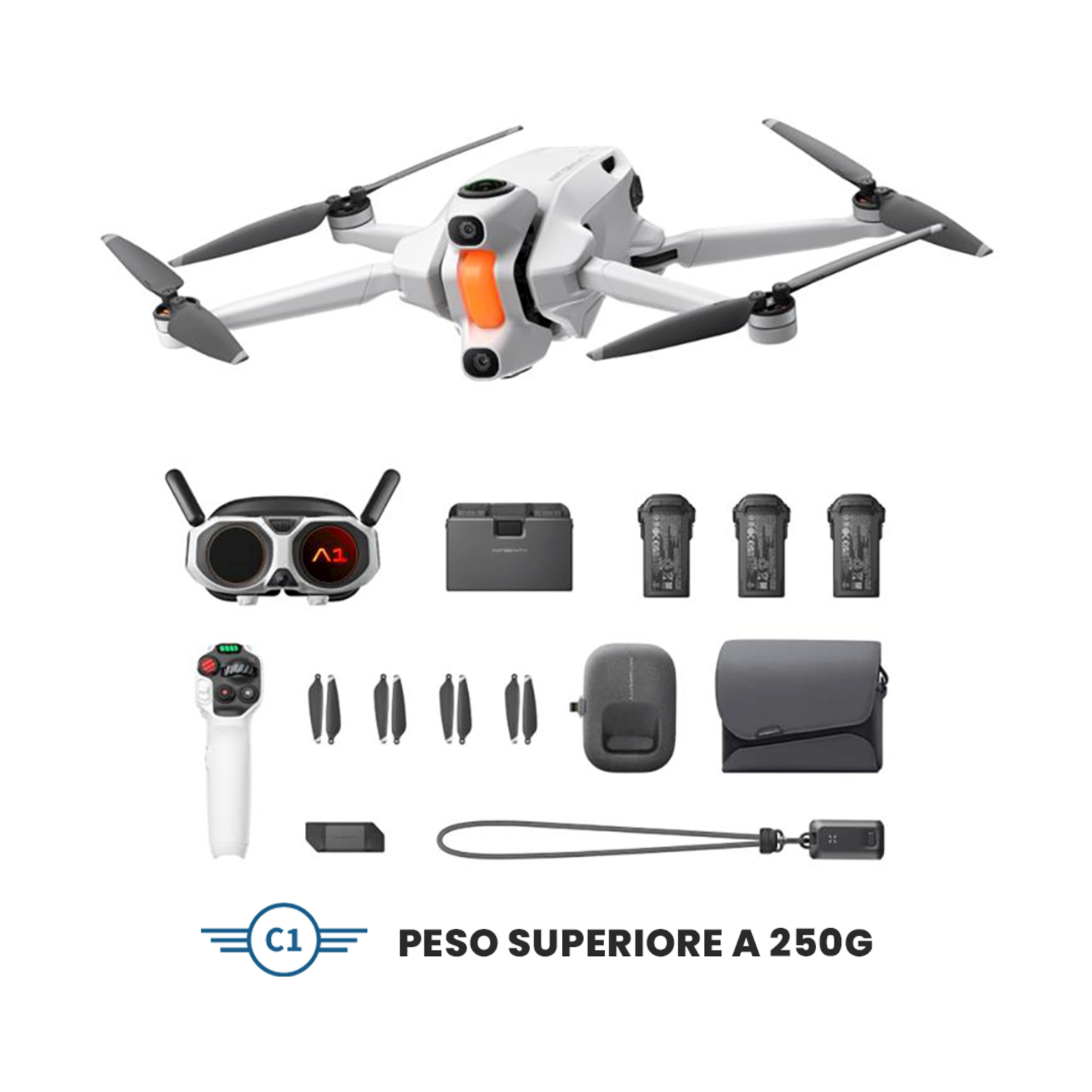 Kit drone bianco e arancione con accessori: drone, occhiali, controller, batterie, borsa.