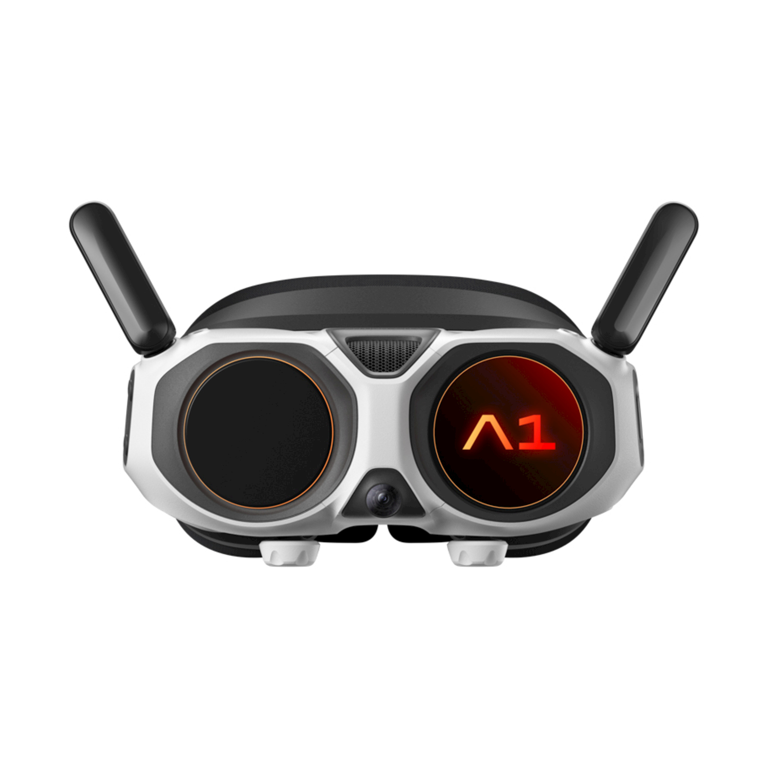 Occhiali FPV bianchi e neri con antenne e display rosso.