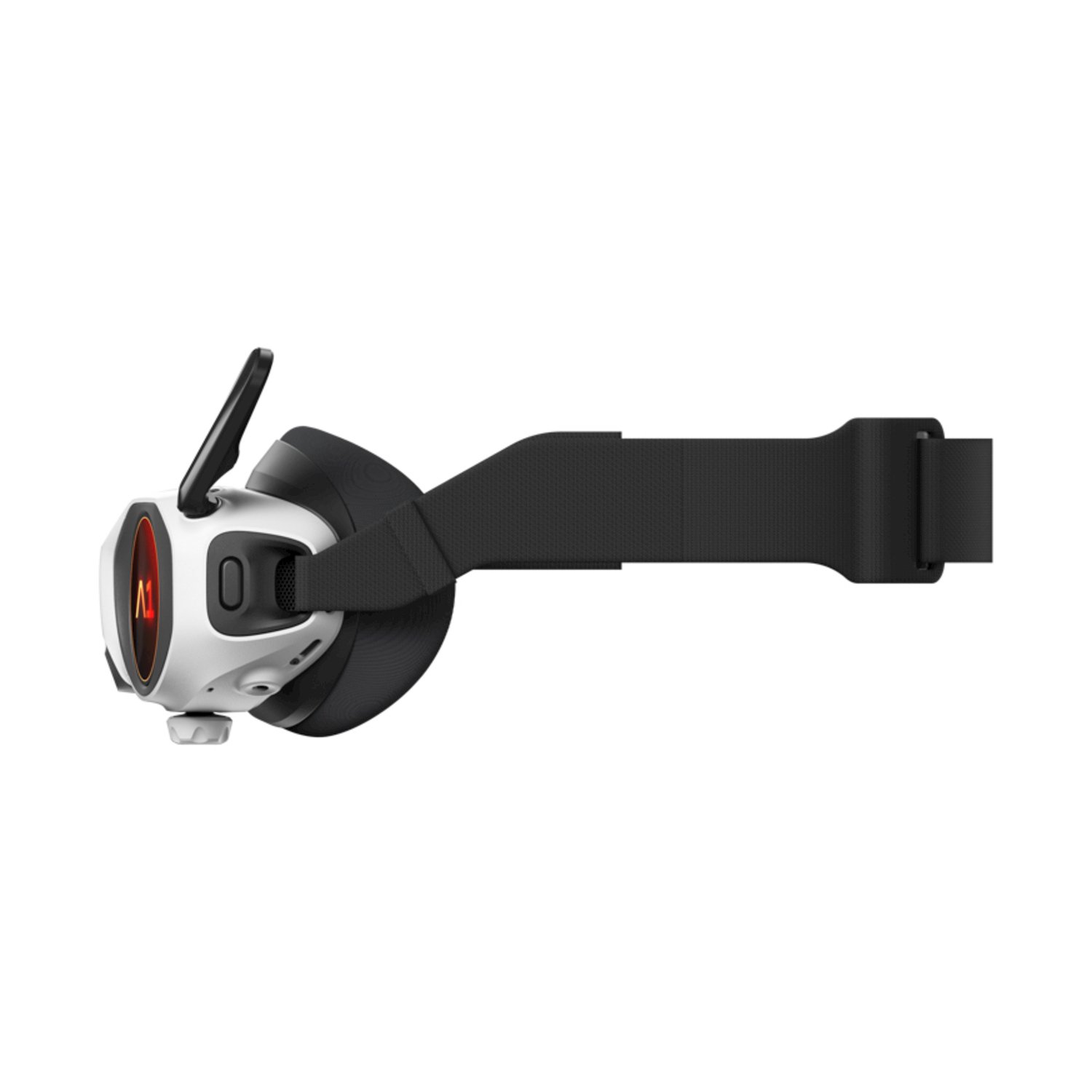 Visore VR bianco con cinturino nero e luce rossa d'accento.