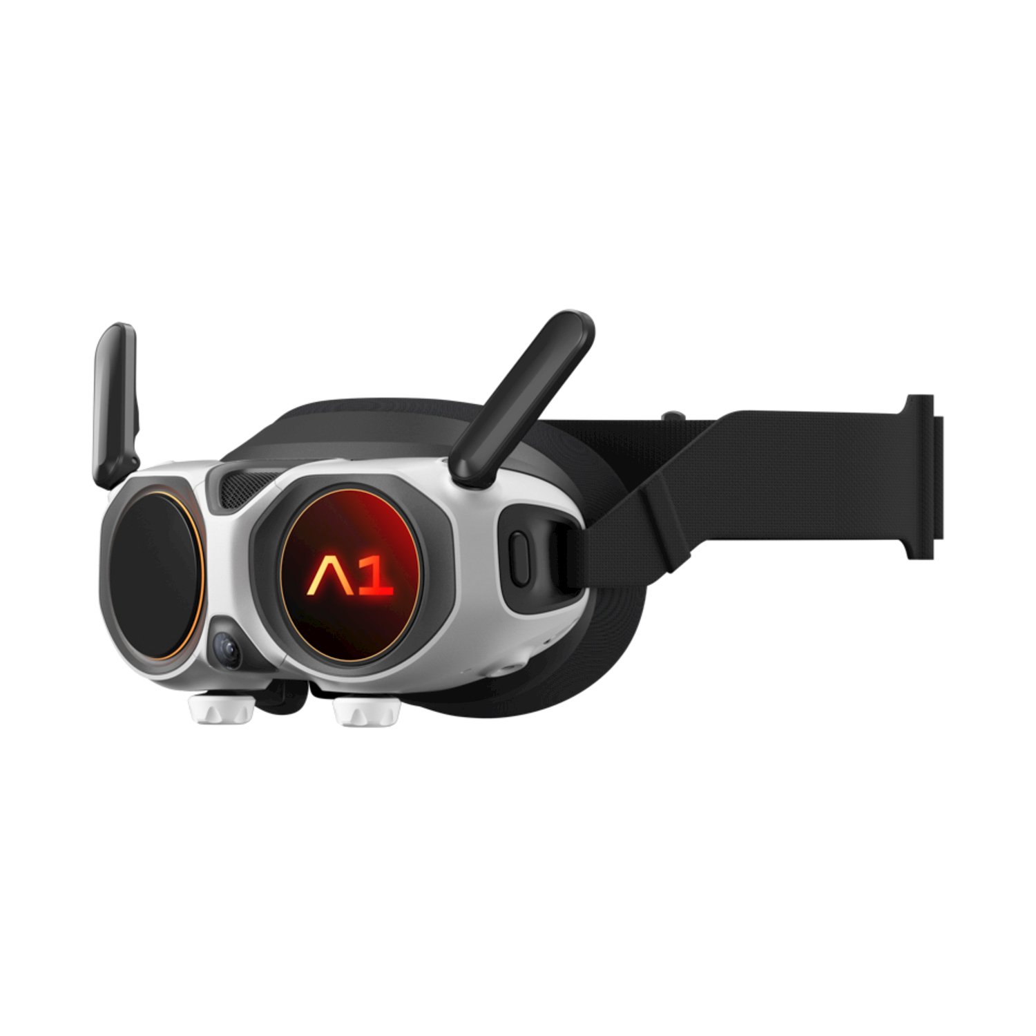 Un visore VR bianco con antenne nere e logo rosso "A1".