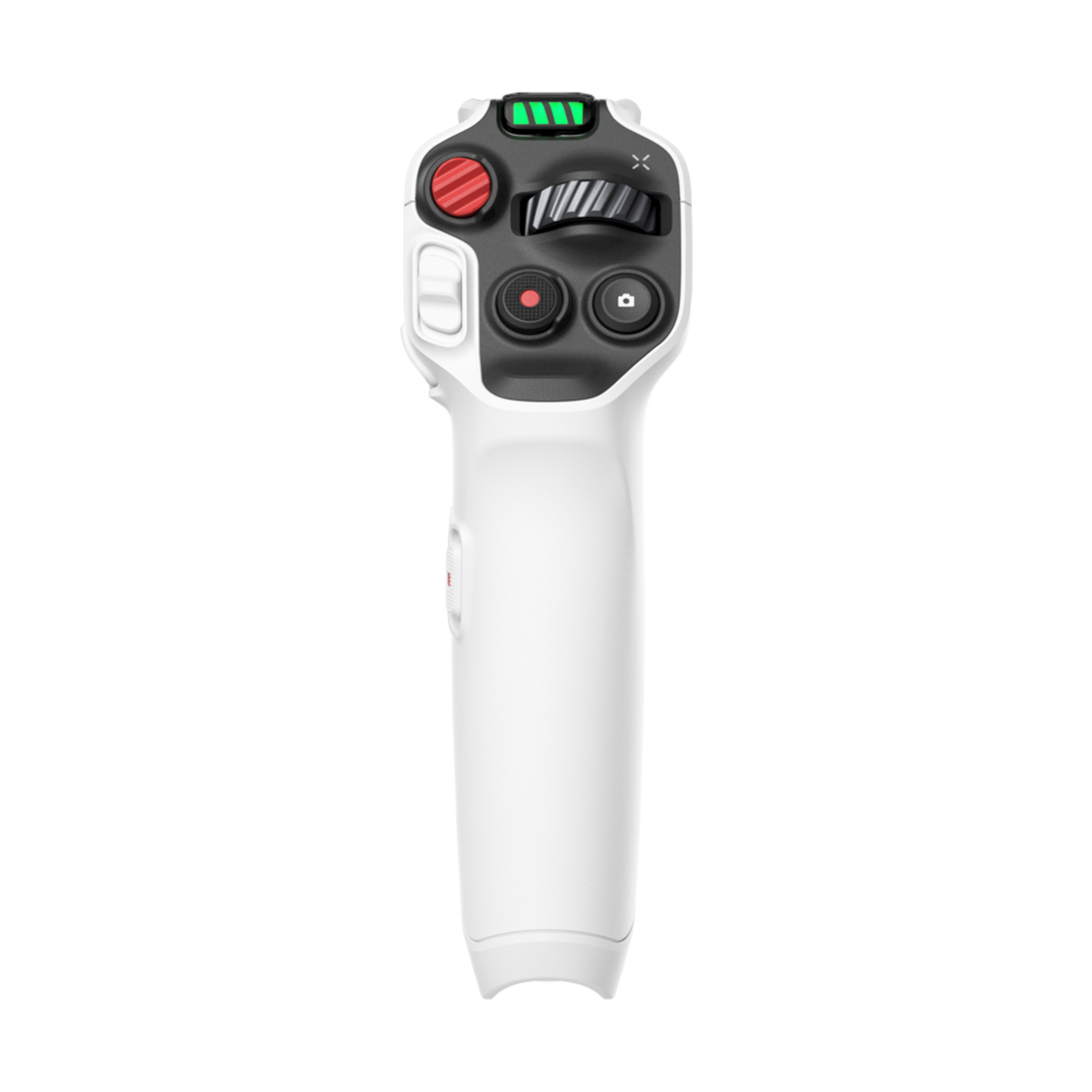 Un controller gimbal bianco con pulsanti rossi e neri e un indicatore della batteria.