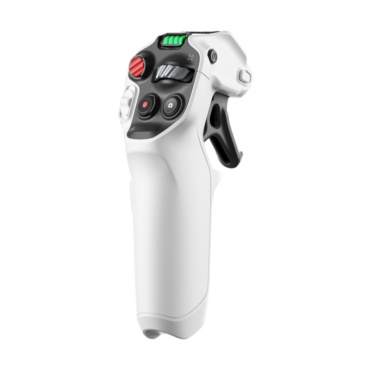 Un controller bianco con accenti neri, inclusi pulsanti rossi e verdi.