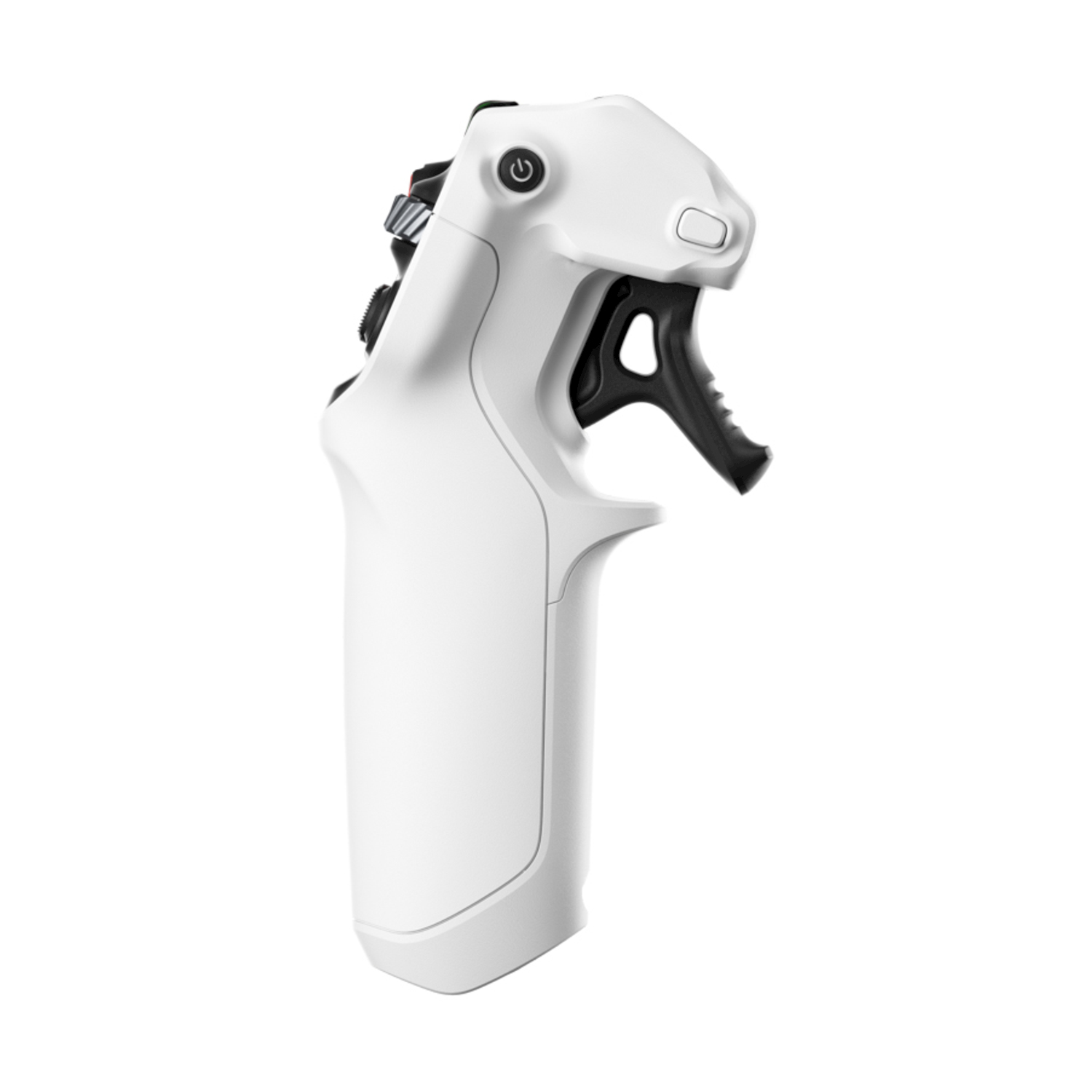 Un controller bianco con impugnatura e pulsanti neri.