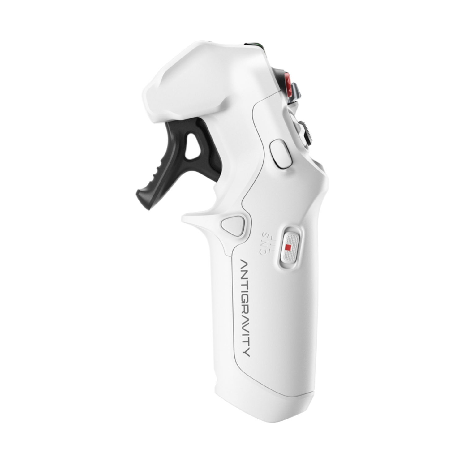 Un controller bianco e futuristico con impugnatura nera e accenti rossi.
