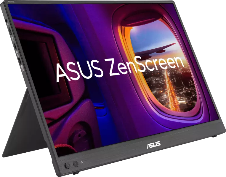 Egy Asus ZenScreen hordozható monitor repülőablak kilátással.