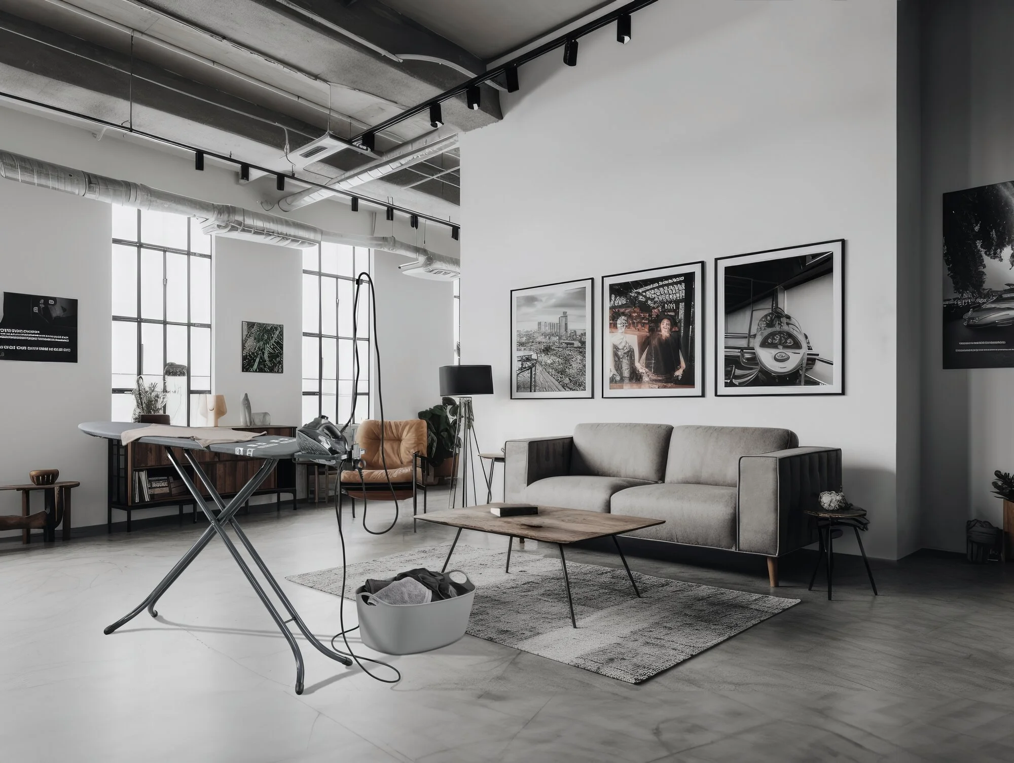 Ein Wohnzimmer mit industriellem Flair, mit Sofa, Couchtisch, Bügelbrett und Wäschekorb.