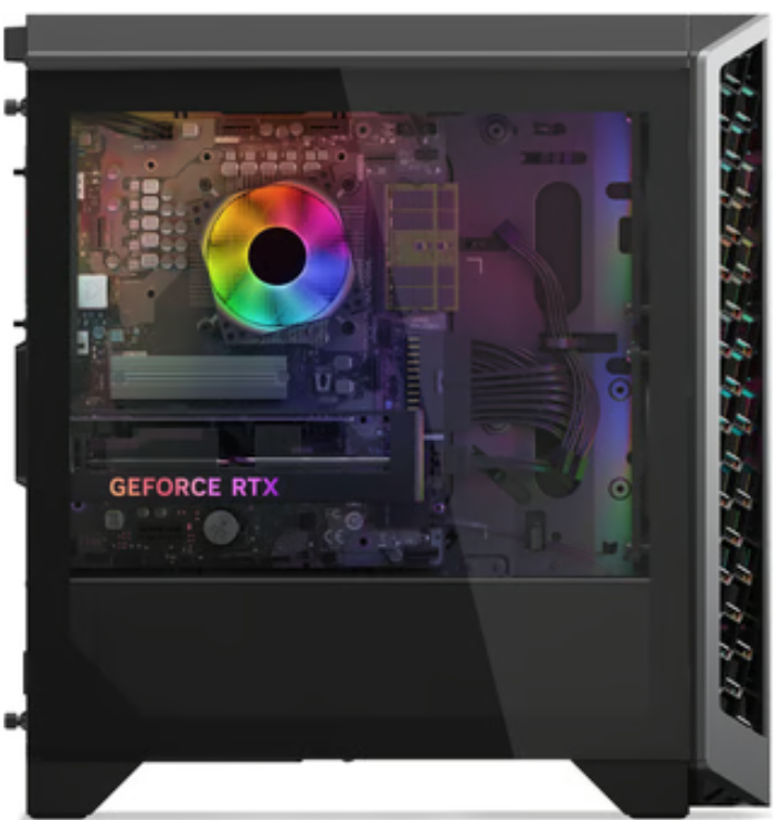 Ein geöffneter PC mit RGB-Beleuchtung, Lüfter und Grafikkarte.
