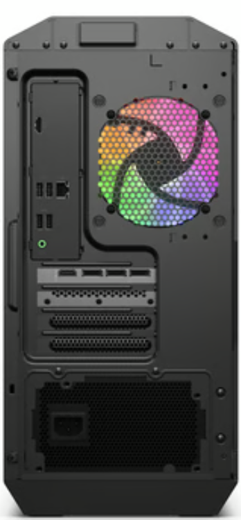 Rückseite eines schwarzen PC-Gehäuses mit Lüfter und Anschlüssen.