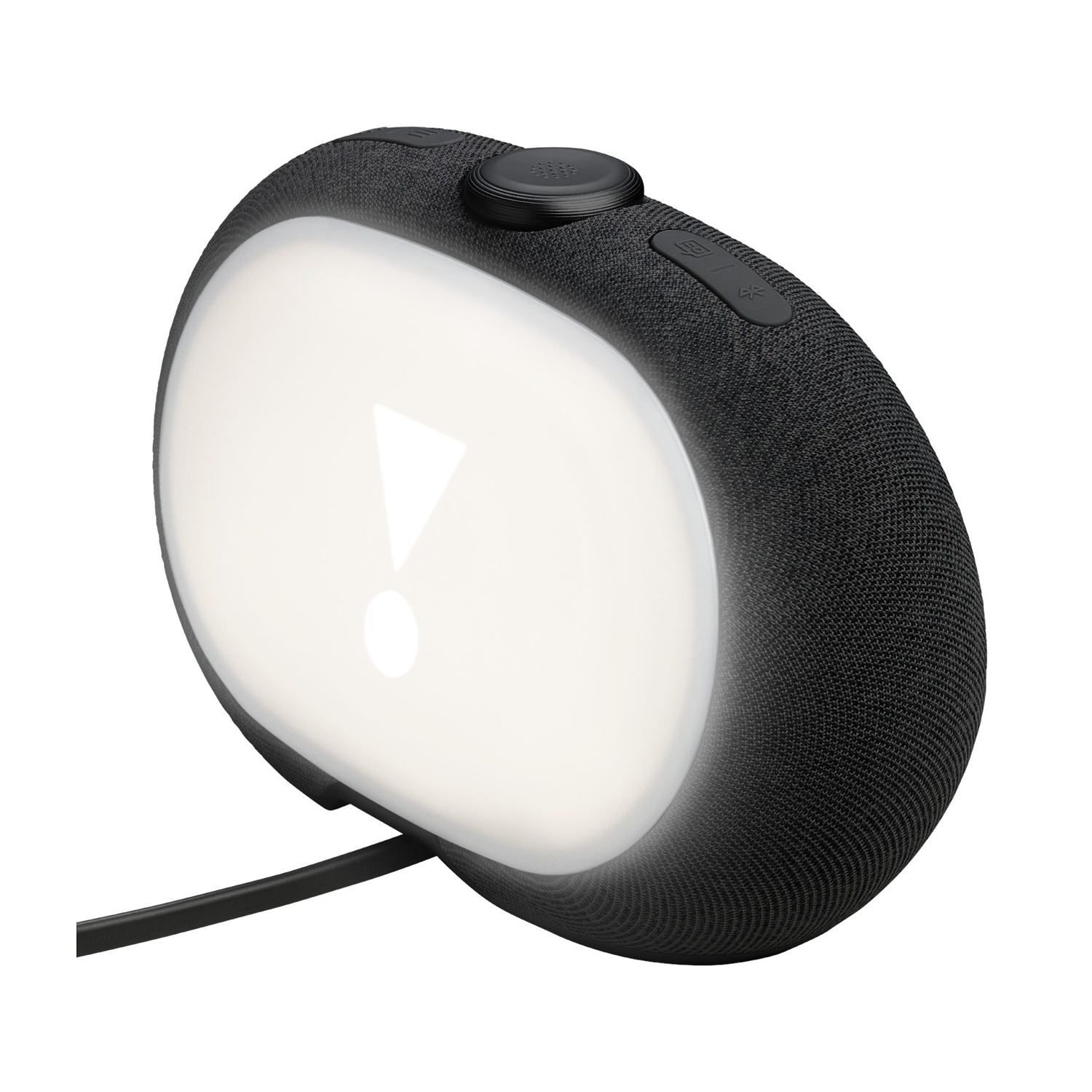Una sveglia ovale nera con frontale luminoso e pulsanti.