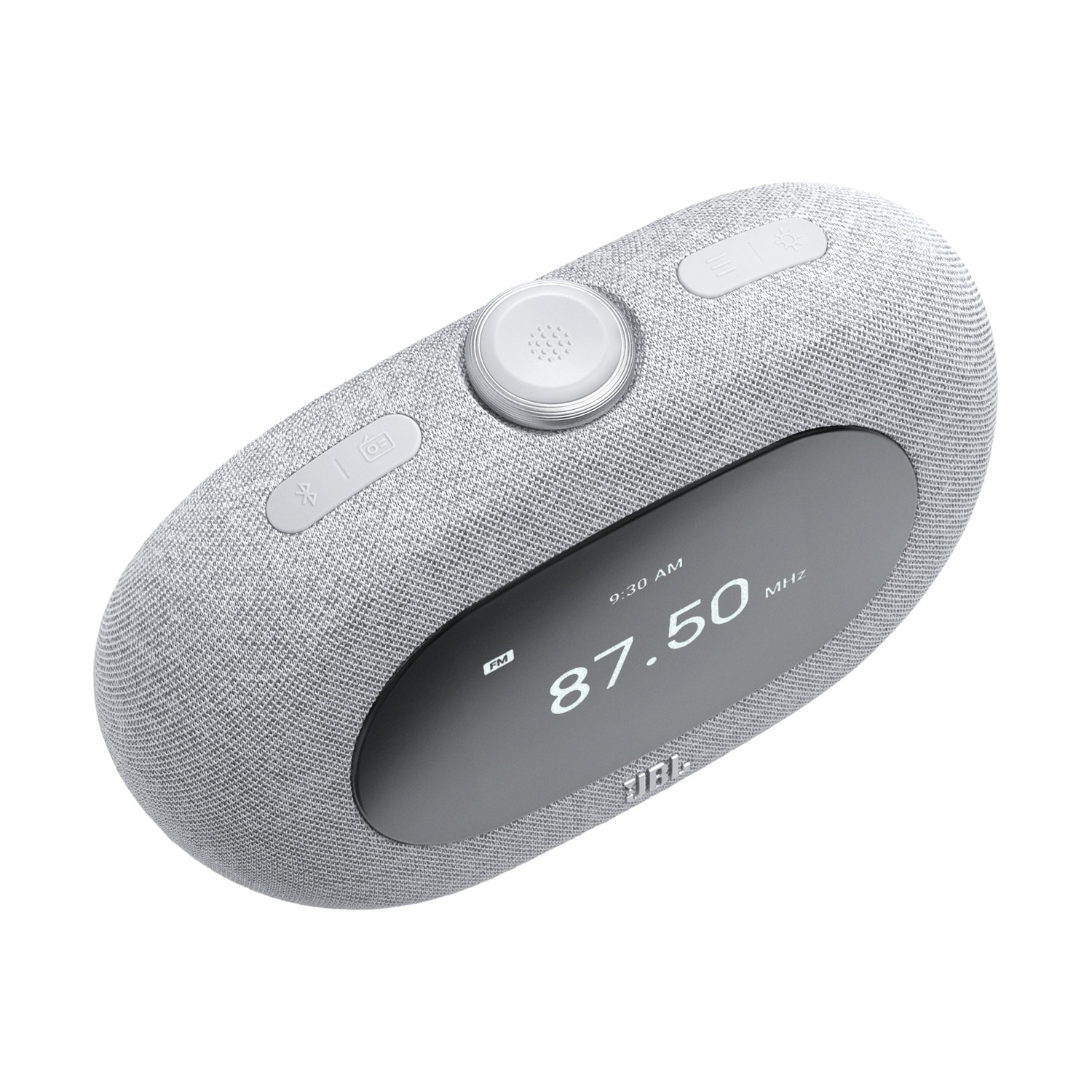 Altoparlante Bluetooth grigio in tessuto con radio FM e display digitale. Bianco.