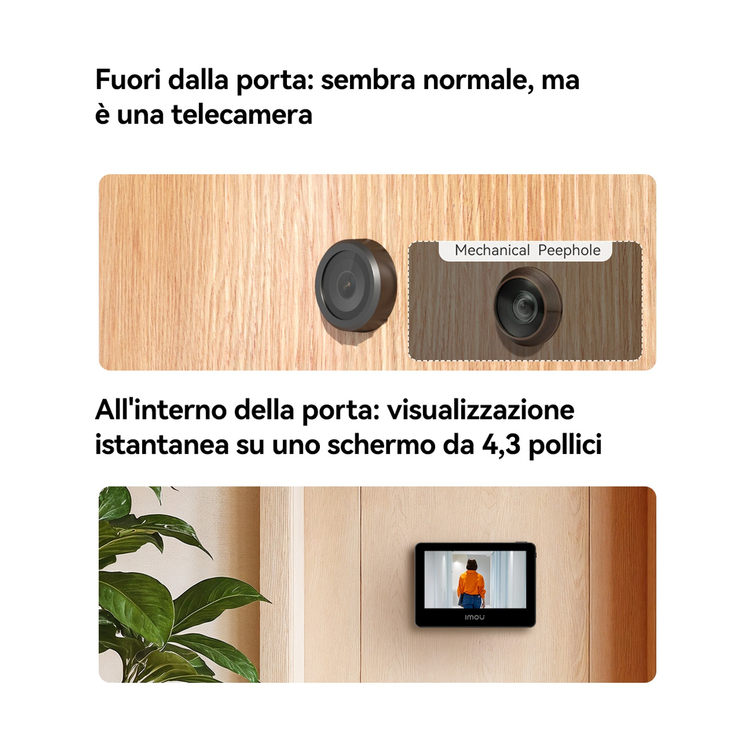 Spioncino esterno e schermo interno da 4,3 pollici su porta in legno.