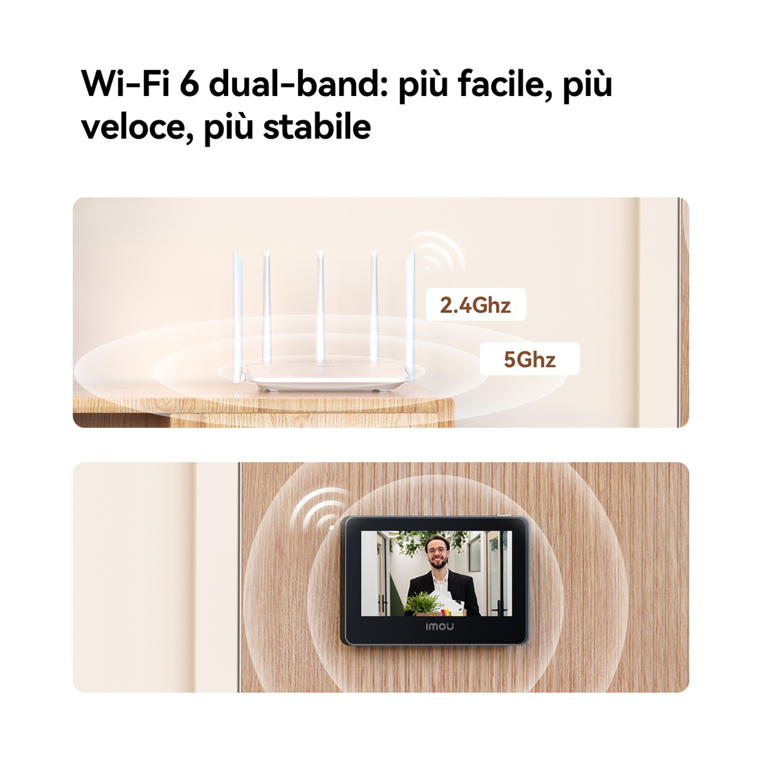 Un router Wi-Fi bianco con antenne e uno smartphone con un feed video.