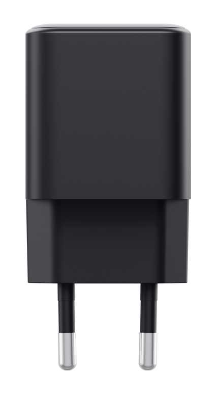 Czarna ładowarka z dwoma srebrnymi bolcami.