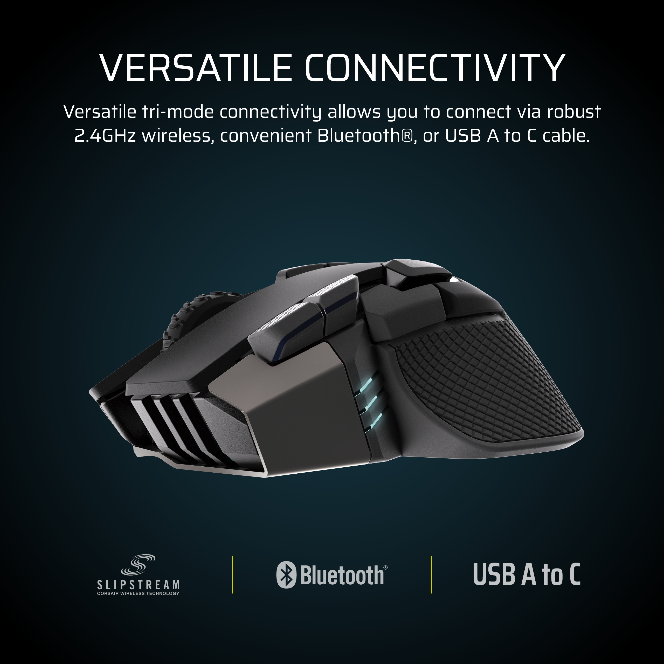 Schwarze Gaming-Maus mit blauen Akzenten und den Logos für 2,4 GHz, Bluetooth und USB.