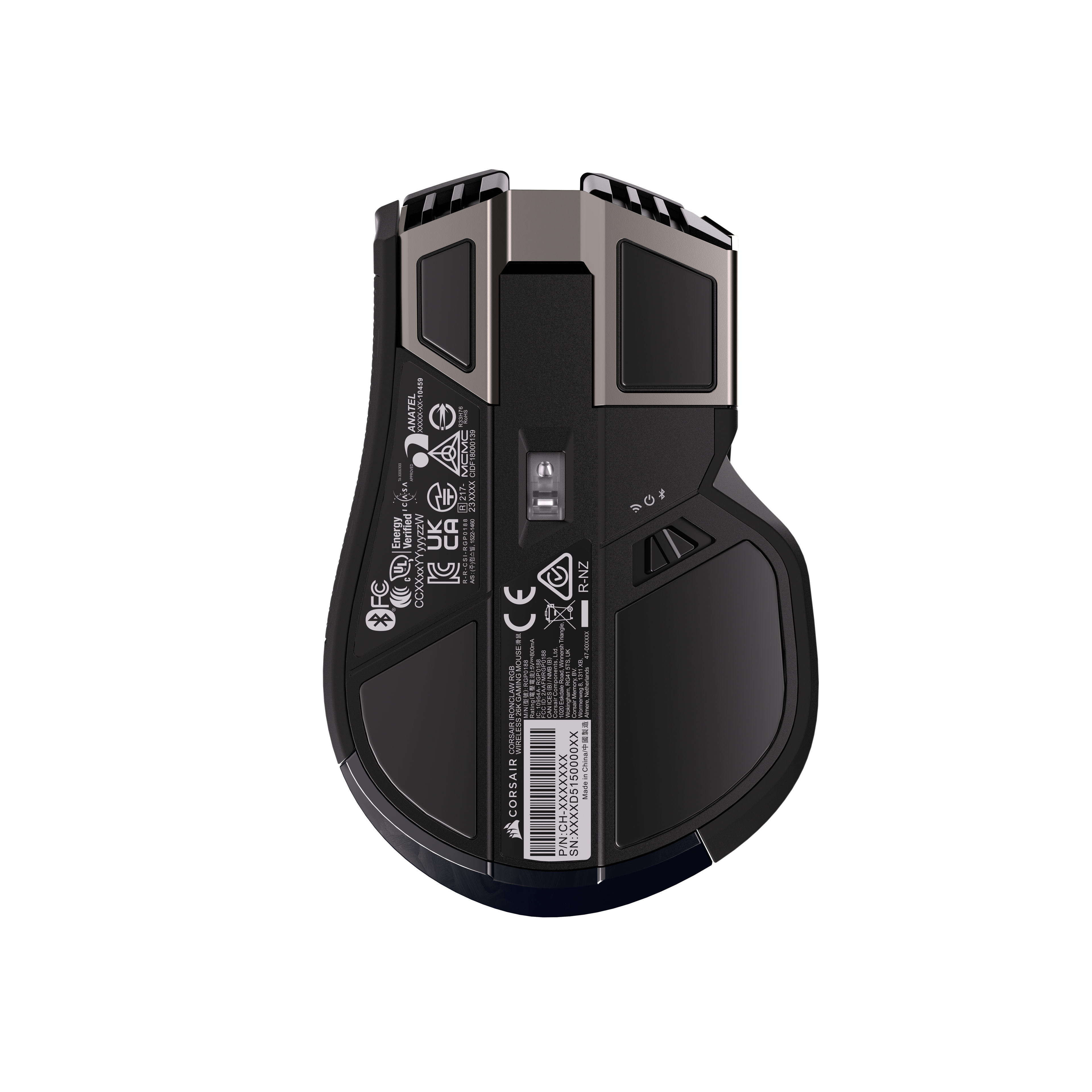 Rückseite einer schwarzen und grauen Gaming-Maus mit Aufklebern und Logos.