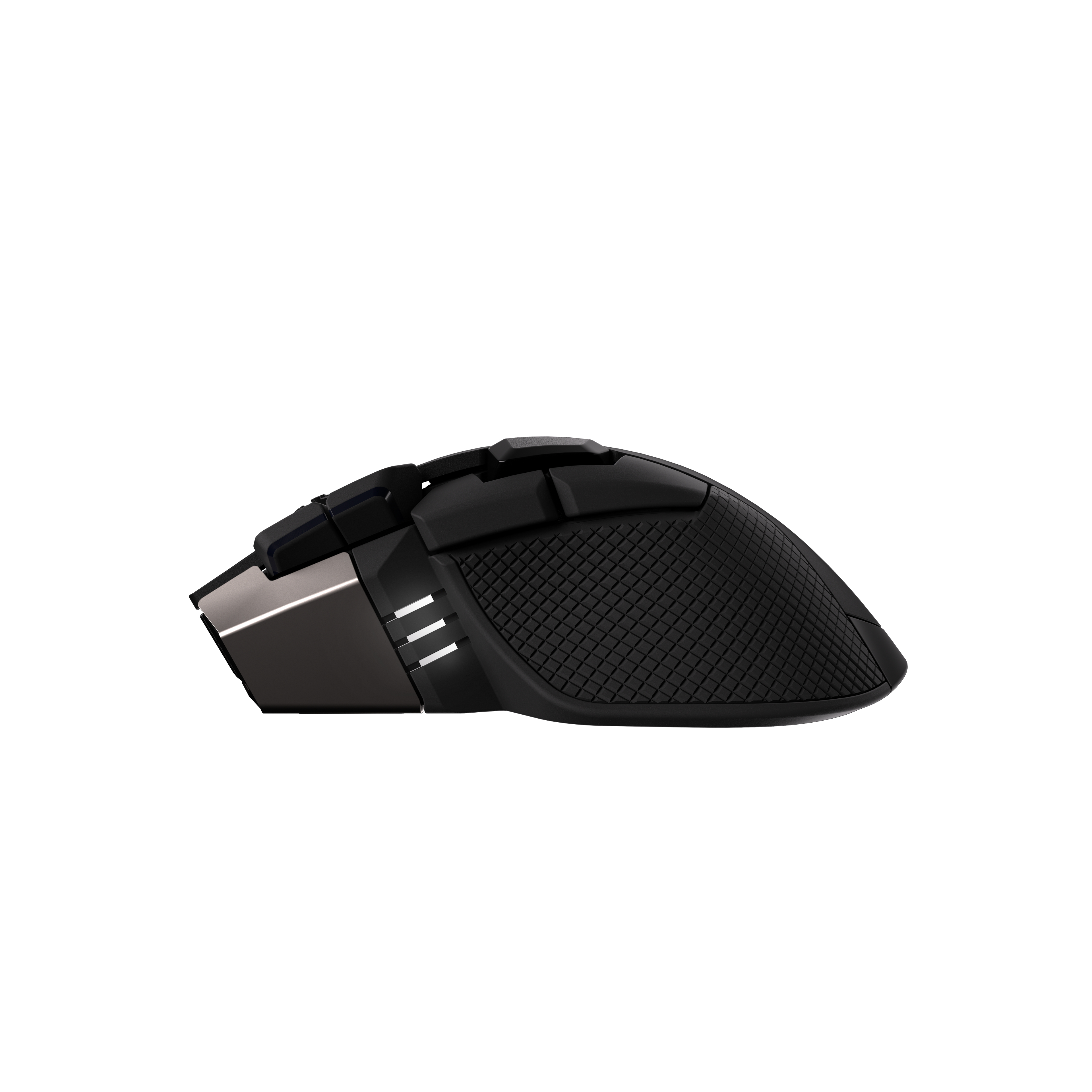 Schwarze Gaming-Maus mit gummiertem Griff und metallischen Akzenten.