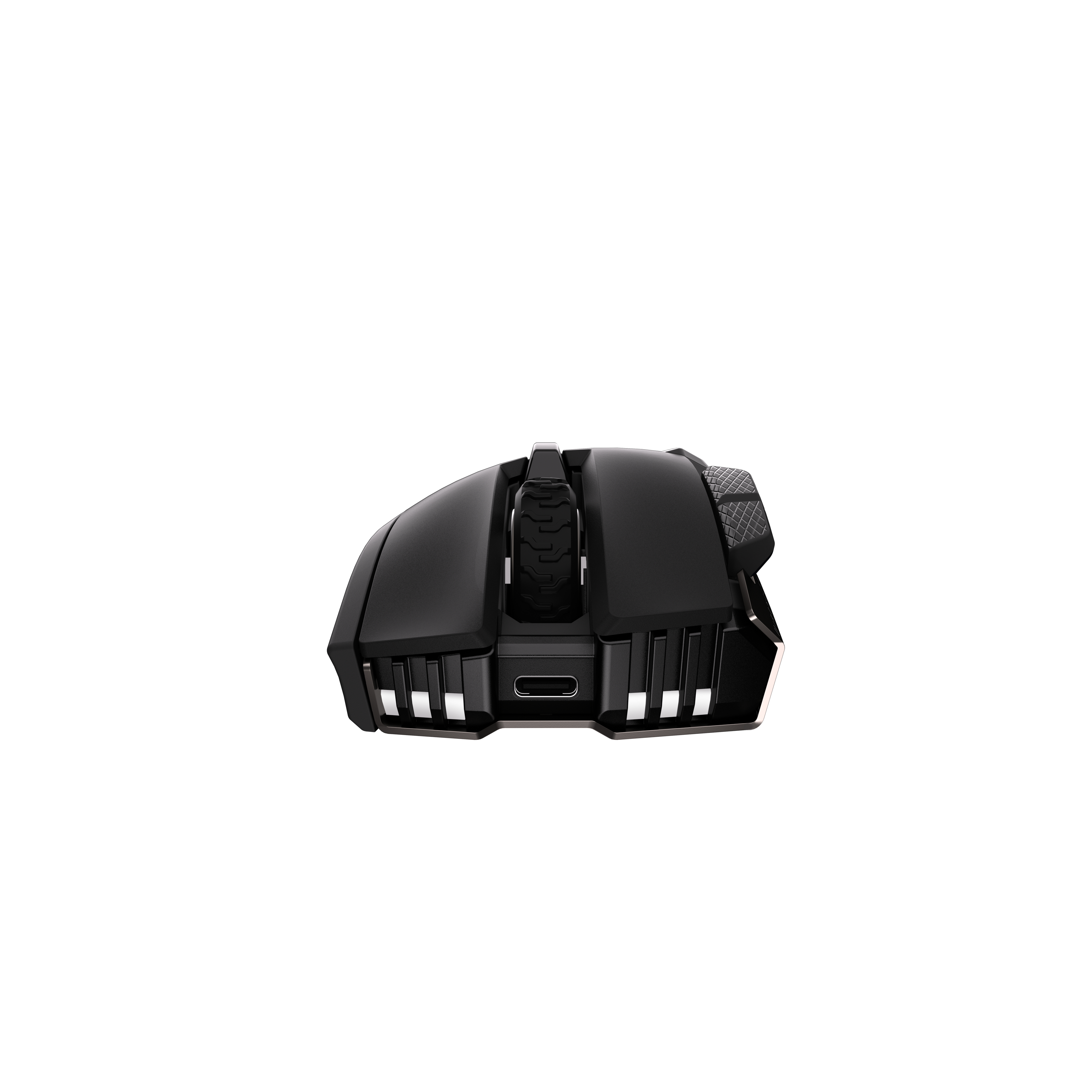 Schwarze Gaming-Maus mit USB-C-Anschluss und beleuchteten Akzenten.