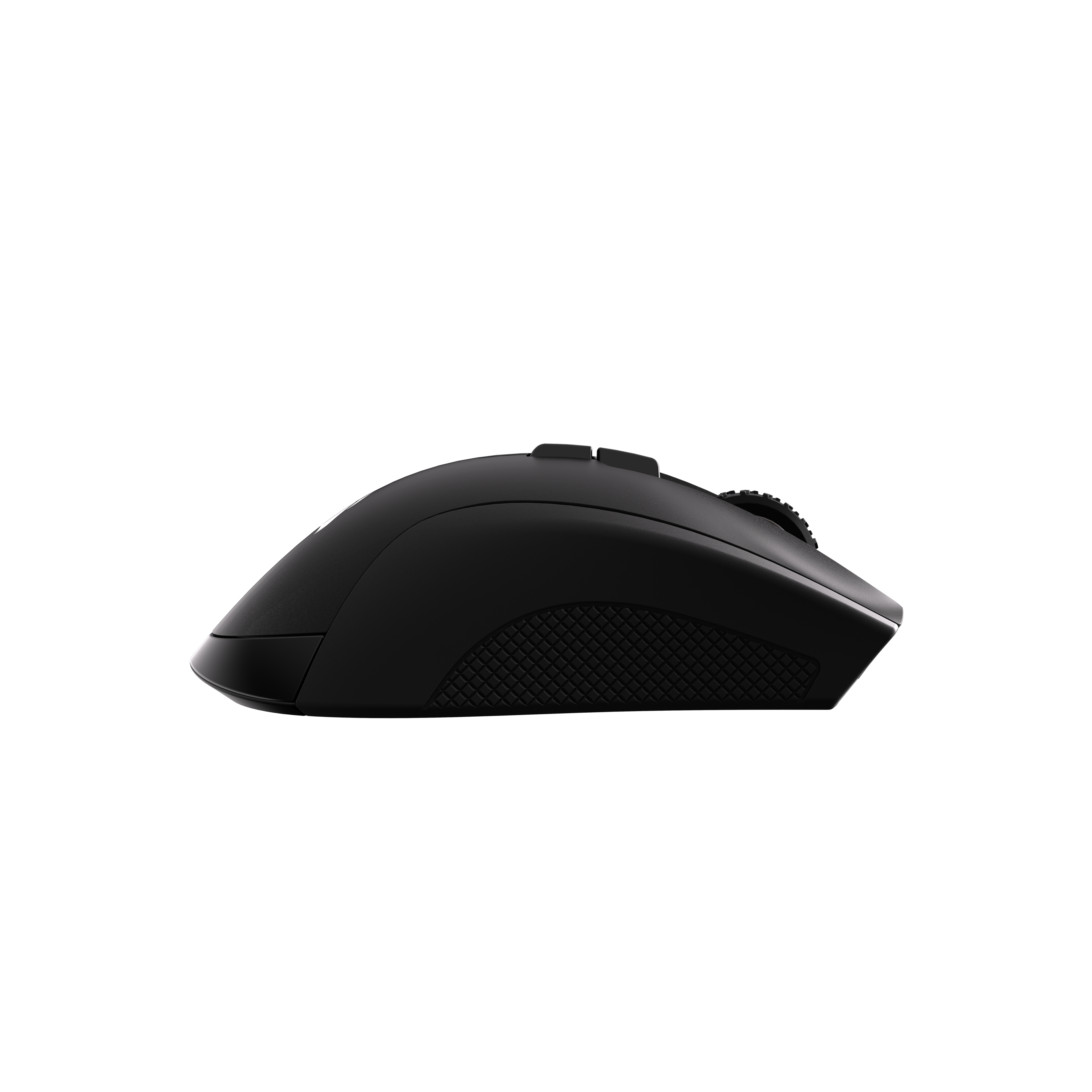 Schwarze Computermaus mit gummiertem Griff und Scrollrad, auf weißem Hintergrund.