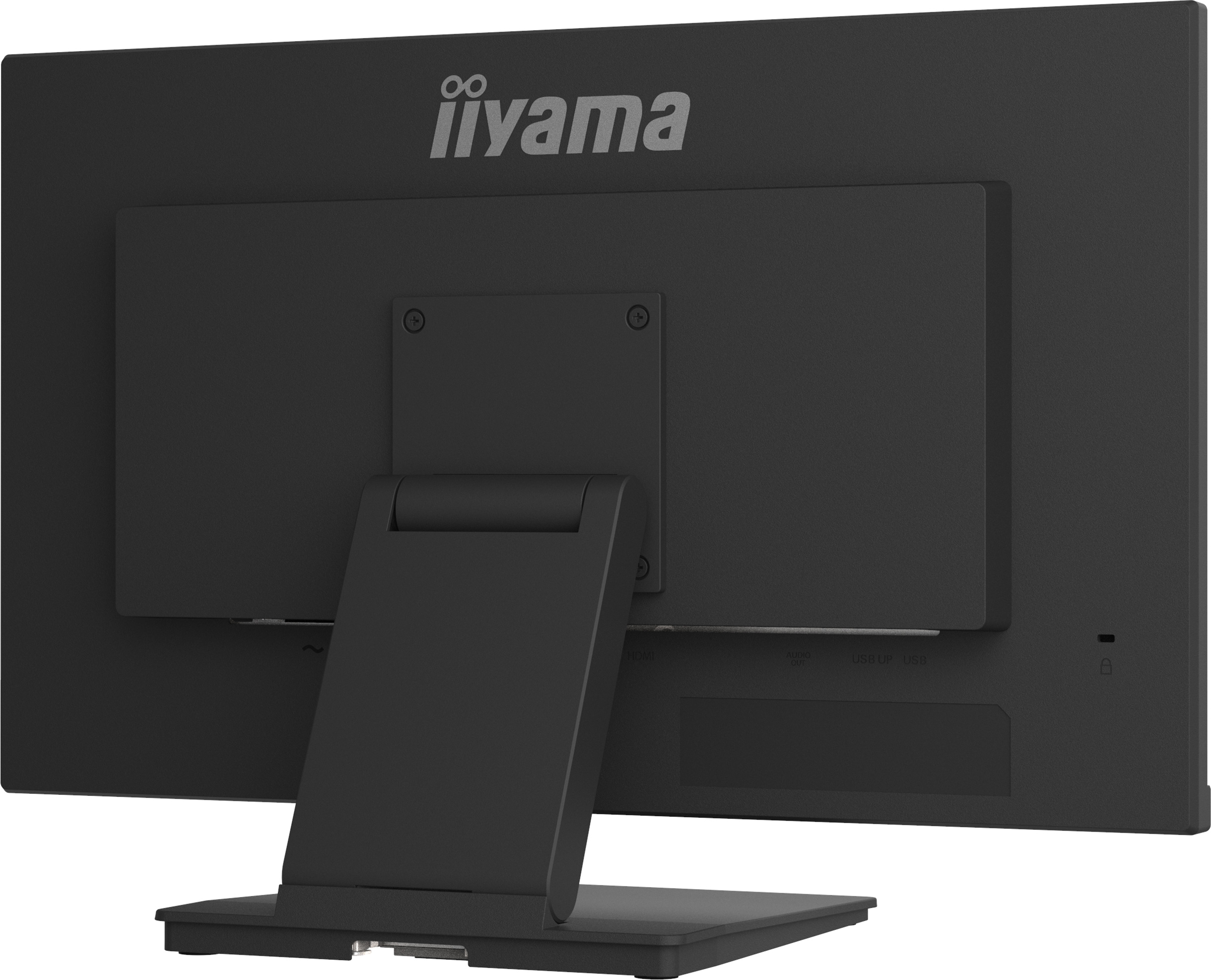 Rückseite eines schwarzen Monitors mit Logo und Anschlüssen.