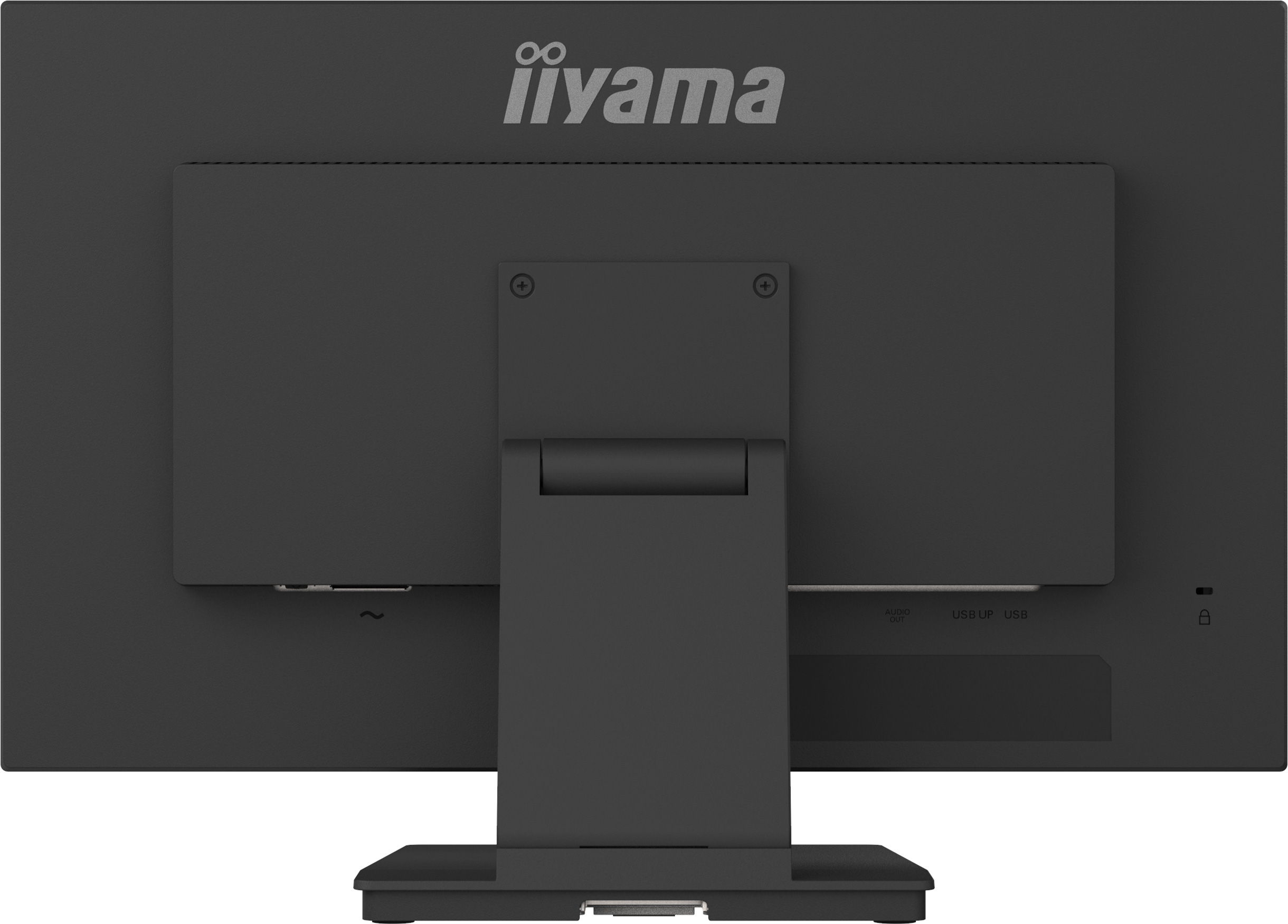 Rückseite eines schwarzen Monitors mit Anschlüssen und Logo.