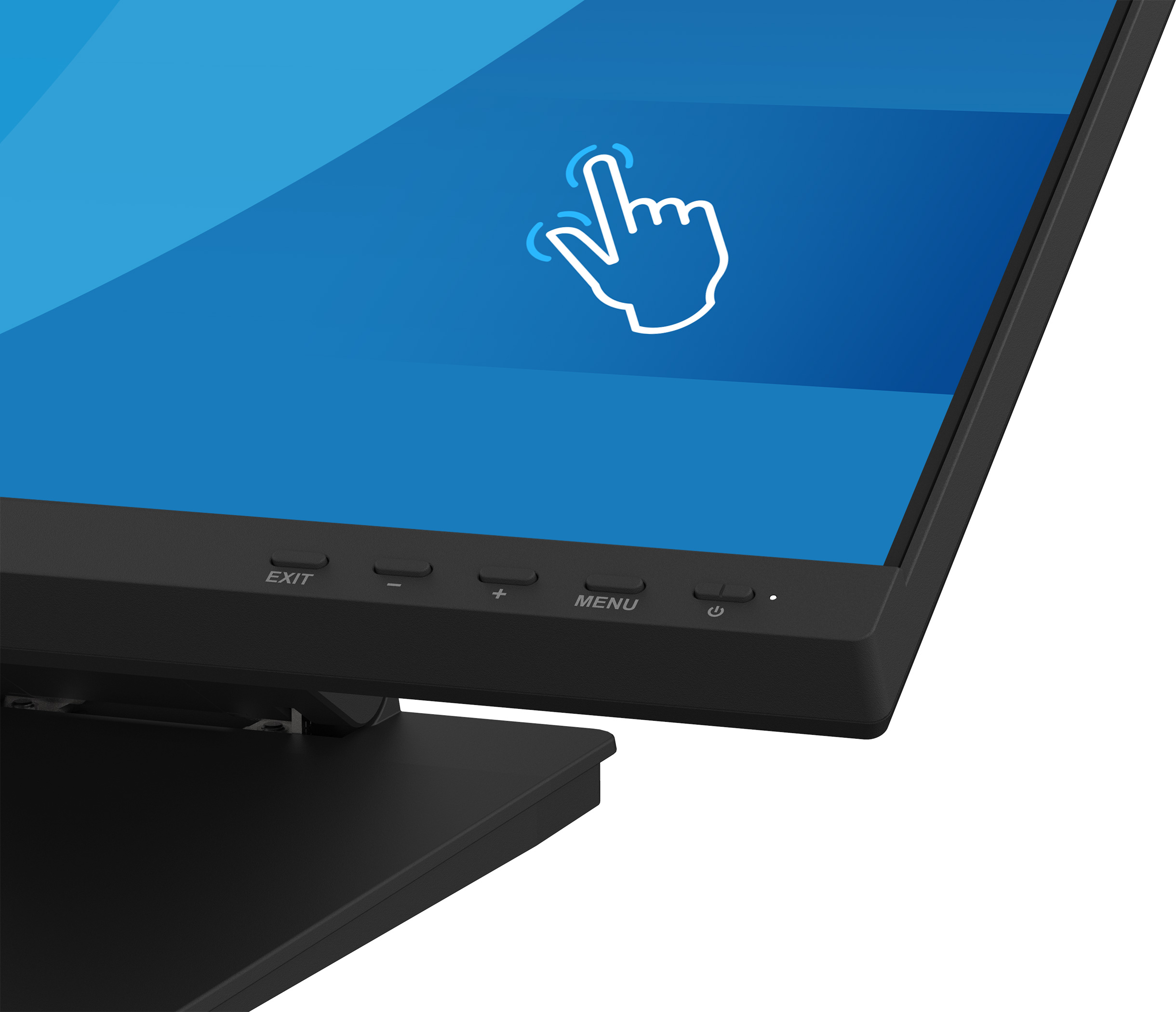 Ein schwarzer Monitor mit einem Touchscreen-Symbol und Bedienknöpfen.