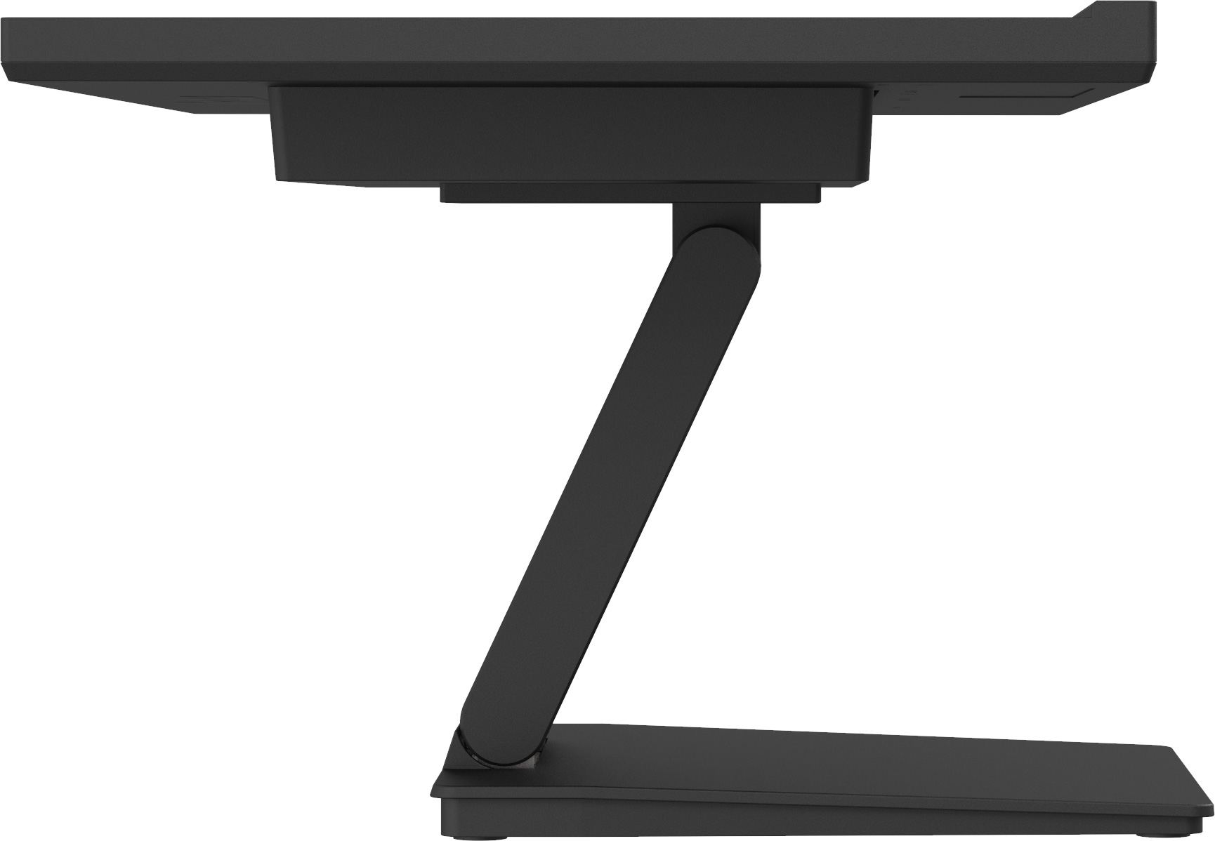 Ein schwarzer, verstellbarer Monitorarm mit Z-förmiger Halterung auf weißem Hintergrund.