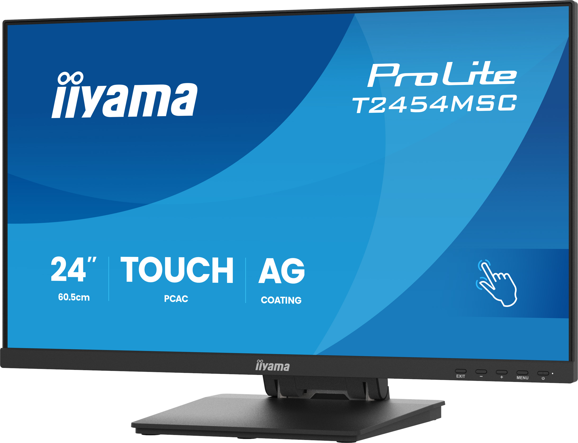 Ein 24-Zoll-Touchscreen-Monitor von iiyama mit ProLite T2454MSC-Beschriftung.