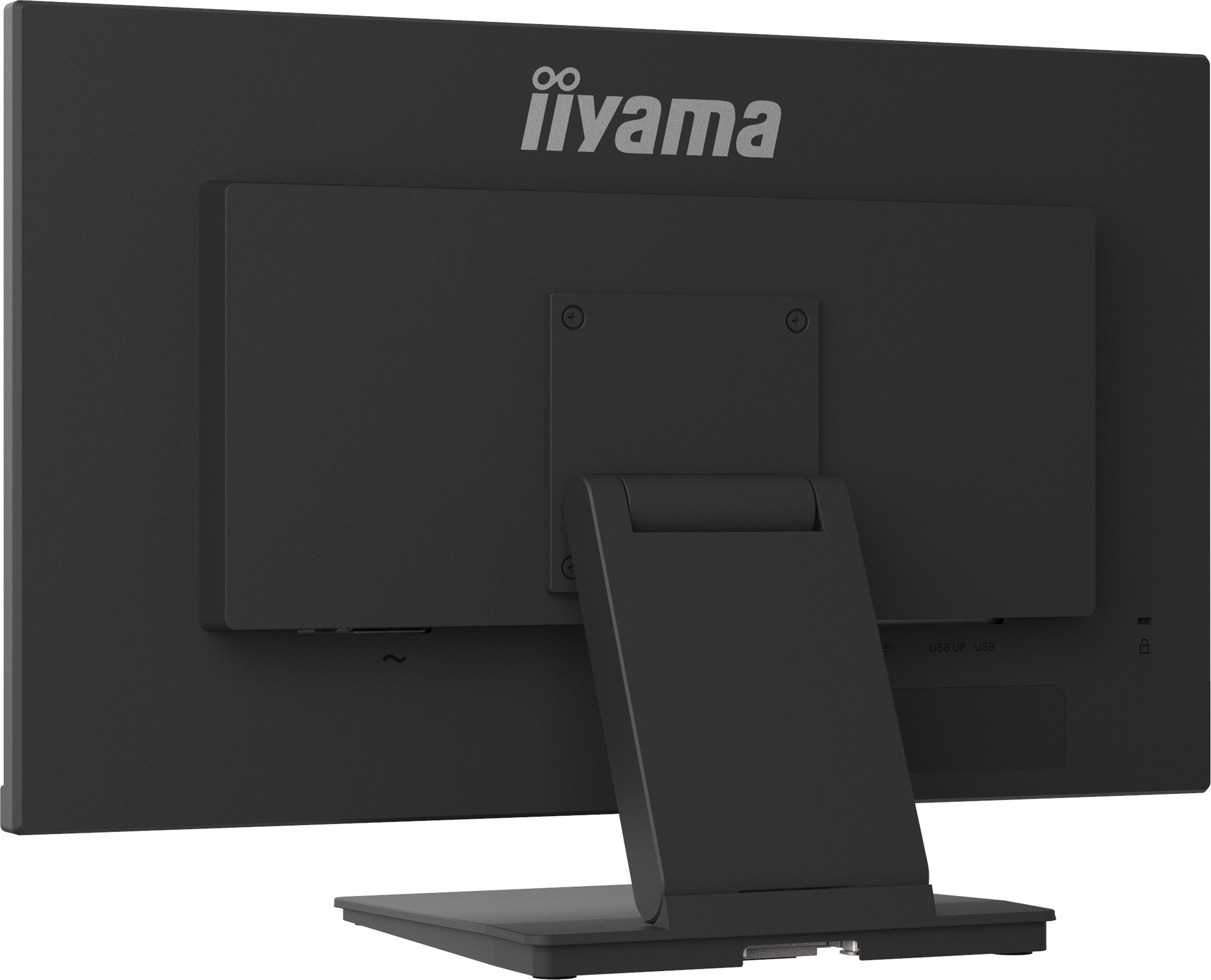 Rückseite eines schwarzen Monitors mit iiyama-Logo, Ständer und Anschlüssen.