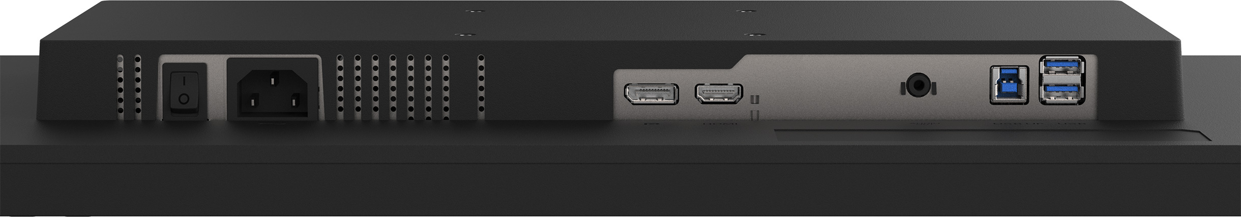 Rückseite eines Monitors mit Anschlüssen: Netzschalter, Stromanschluss, USB, HDMI, Audio.