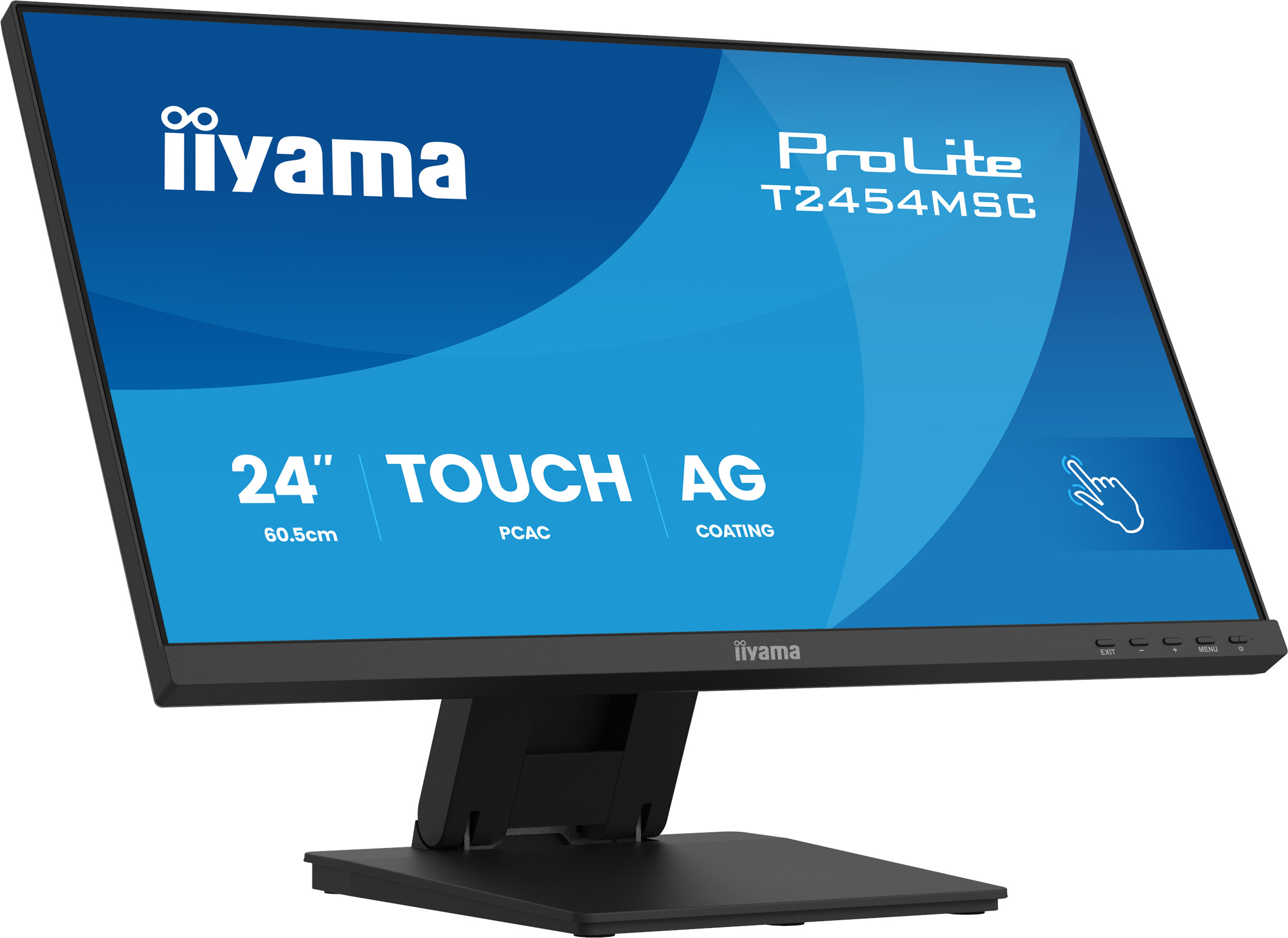 Schwarzer iiyama ProLite 24-Zoll-Touchscreen-Monitor auf weißem Hintergrund mit blauer Displaygrafik.