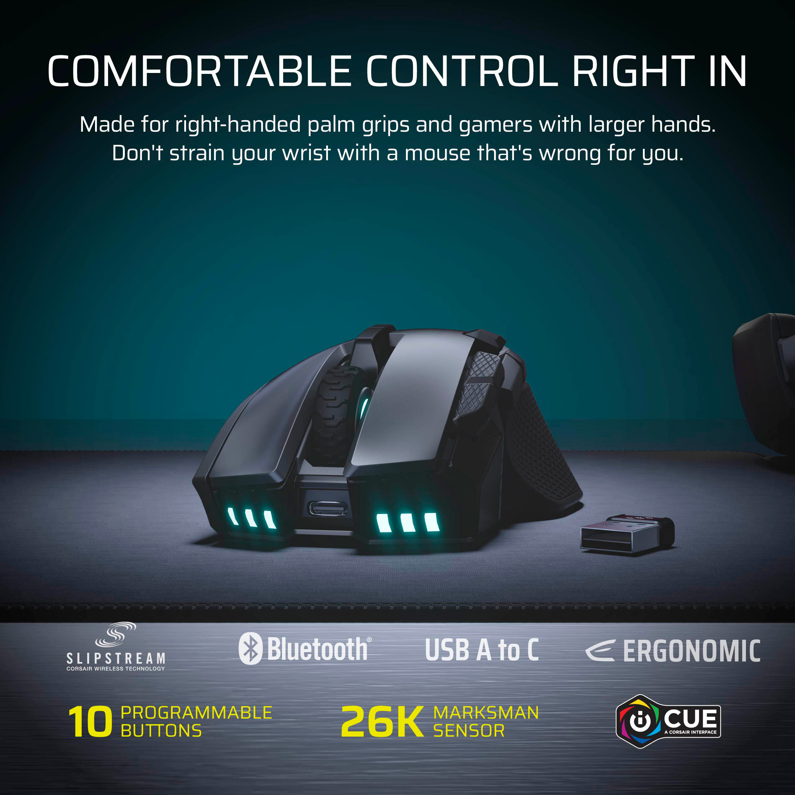 Schwarze Gaming-Maus mit grünen LEDs, USB-Dongle, auf schwarzer Matte.