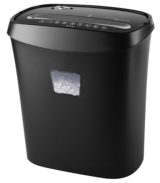 Czarna niszczarka do papieru z okienkiem szczelinowym pokazującym papier.