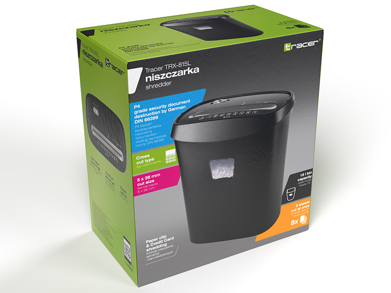 Opakowanie czarnej niszczarki do papieru z zielonymi i czarnymi akcentami, pokazujące funkcje.