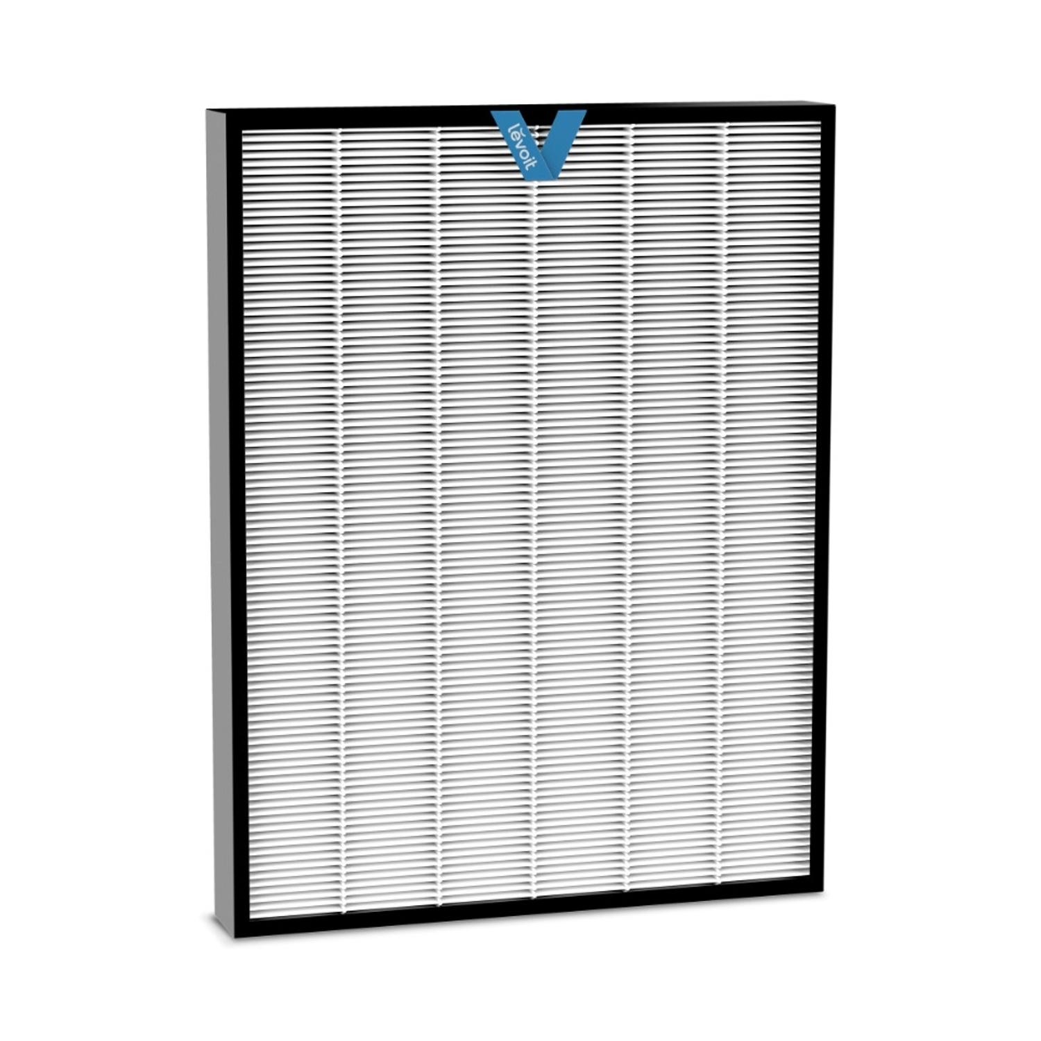 Un filtro dell'aria rettangolare con cornice nera e materiale filtrante bianco piegato.