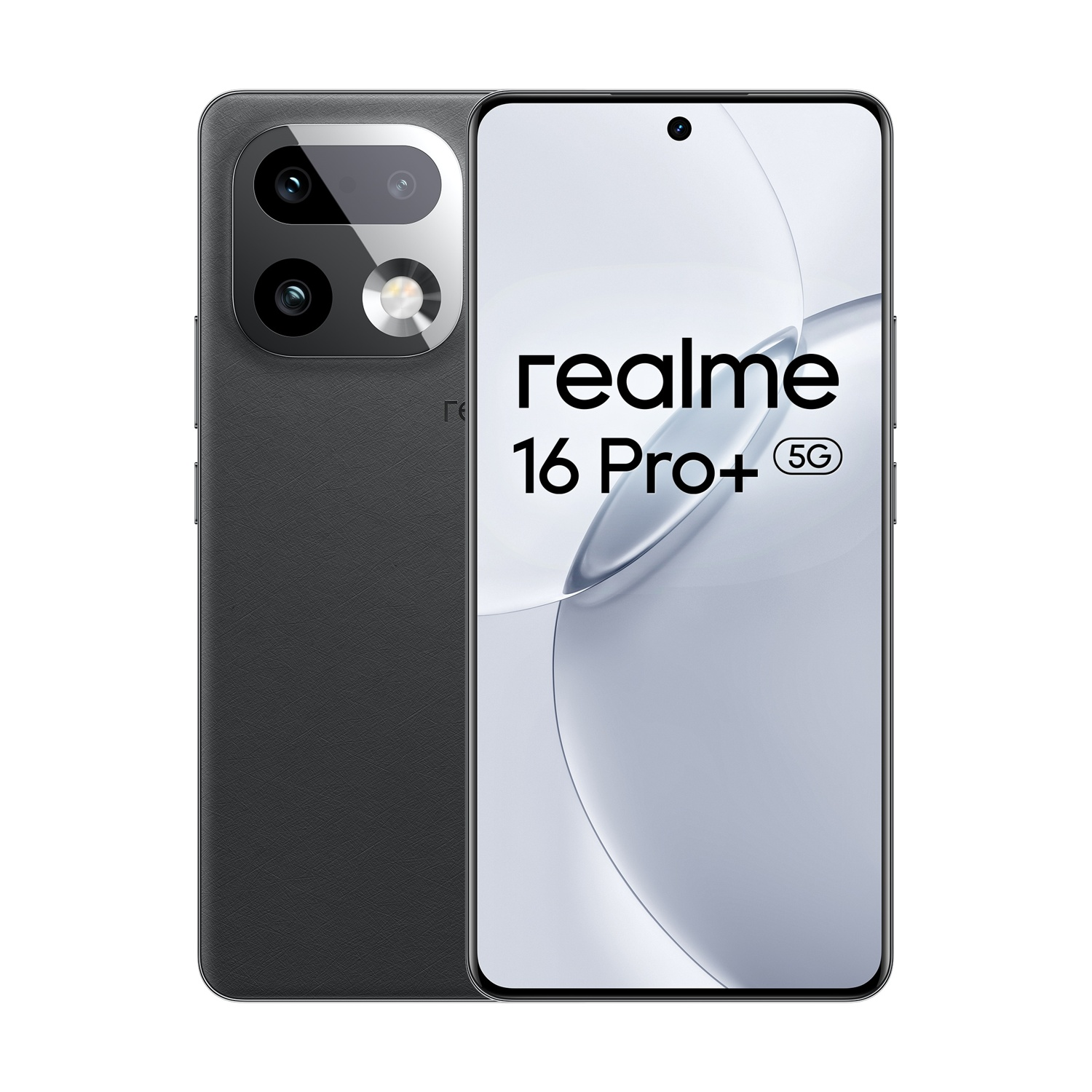Uno smartphone Realme 16 Pro+ 5G nero, che mostra il gruppo a tripla fotocamera sul retro.