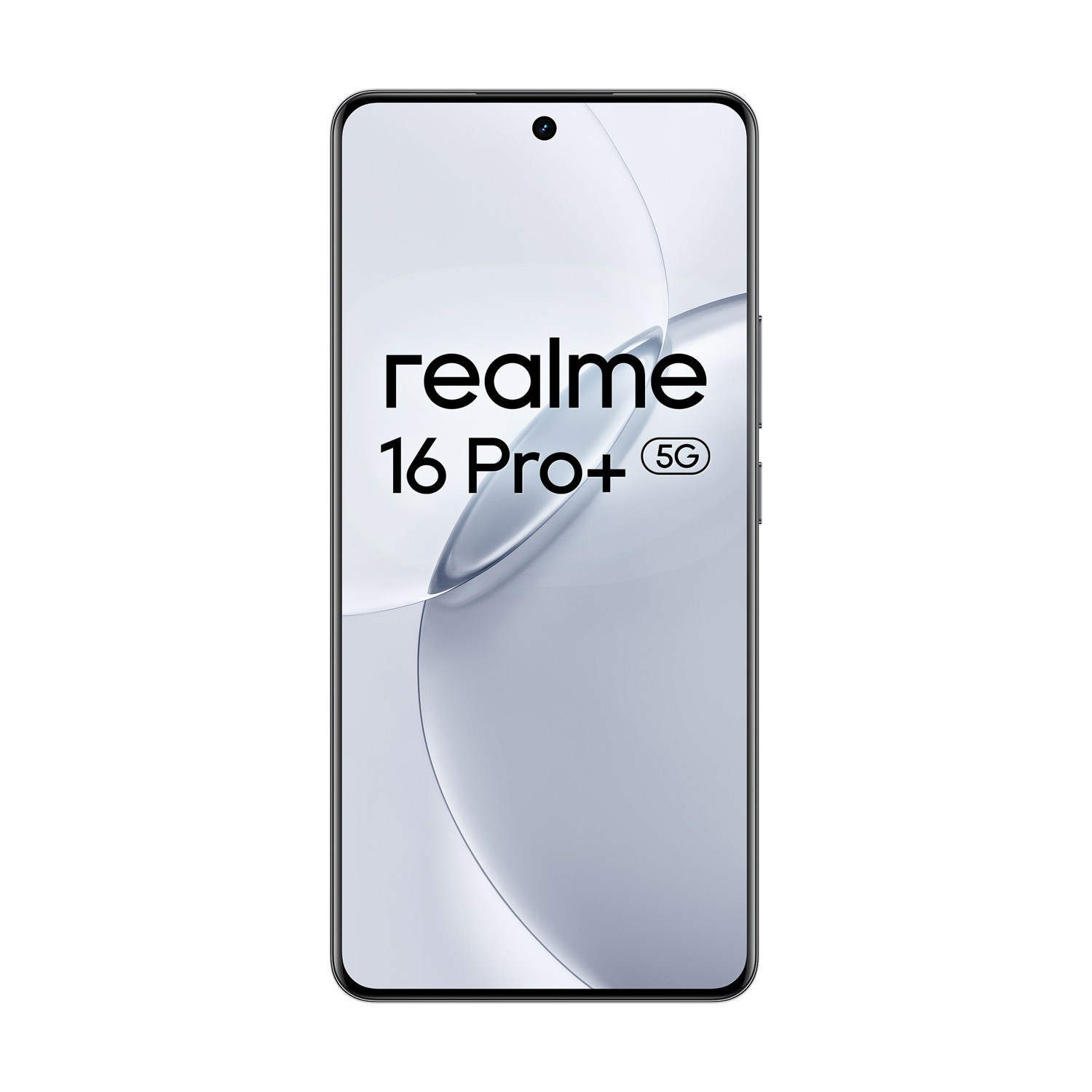 Uno smartphone Realme 16 Pro+ 5G su sfondo argentato. Minimalista.