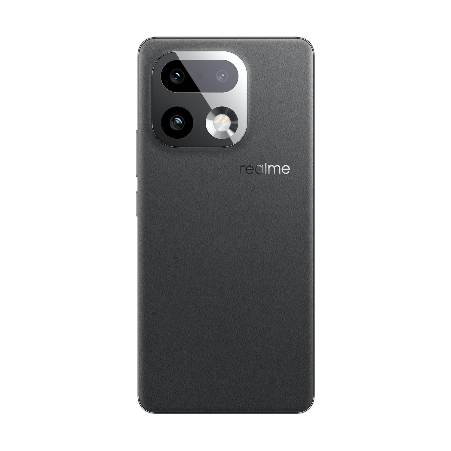 Smartphone grigio scuro con tre fotocamere e flash sul retro.