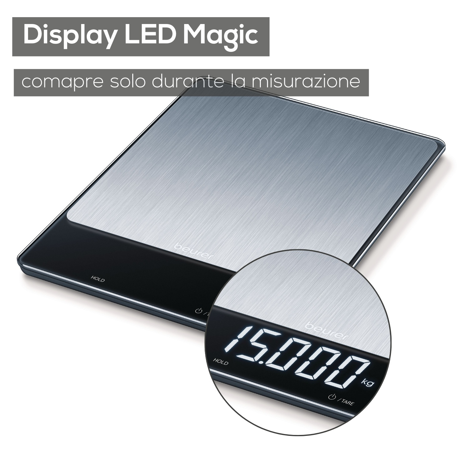 Una bilancia da cucina digitale con superficie in acciaio inox argentato e display nero.