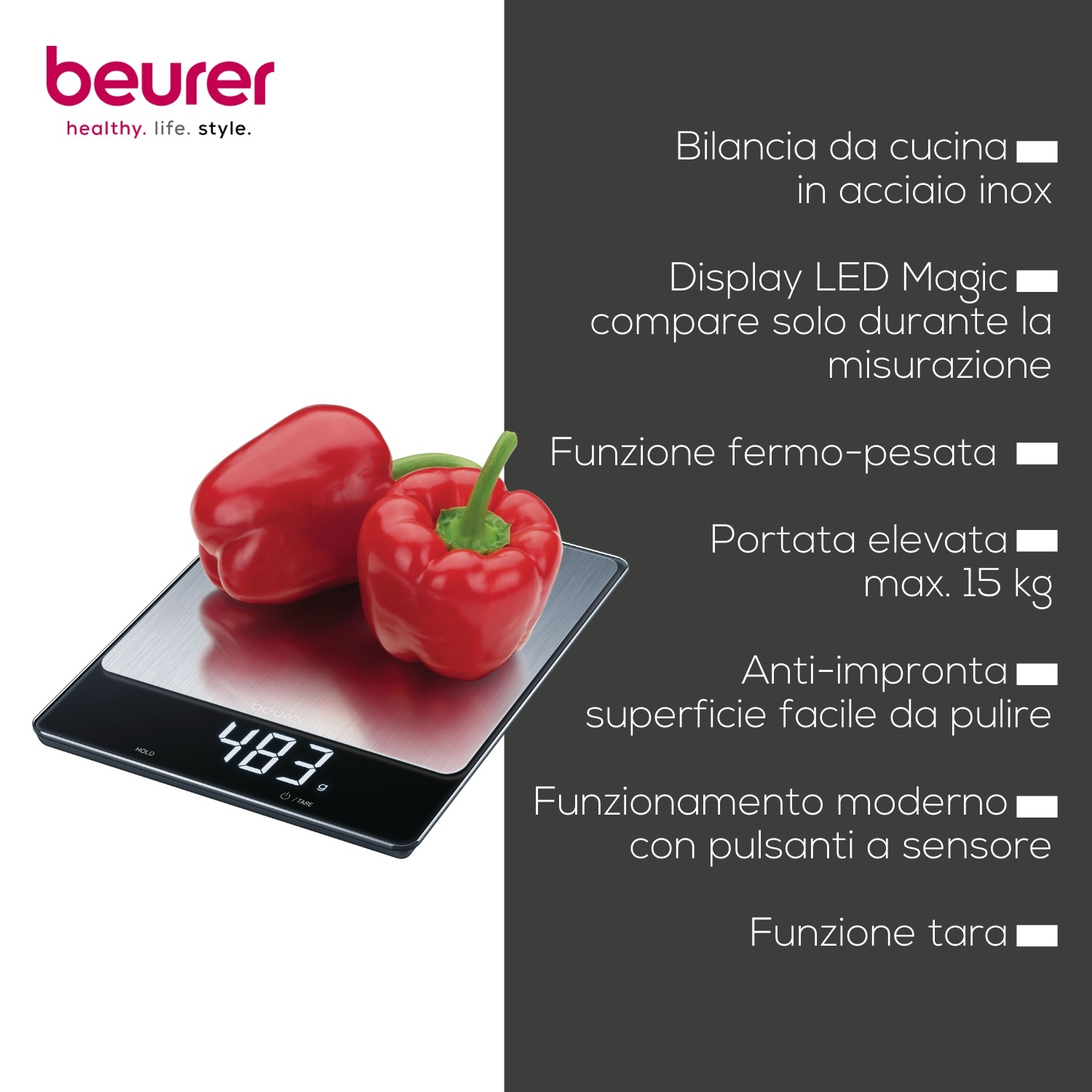 Bilancia da cucina in acciaio inox con due peperoni rossi e display digitale.