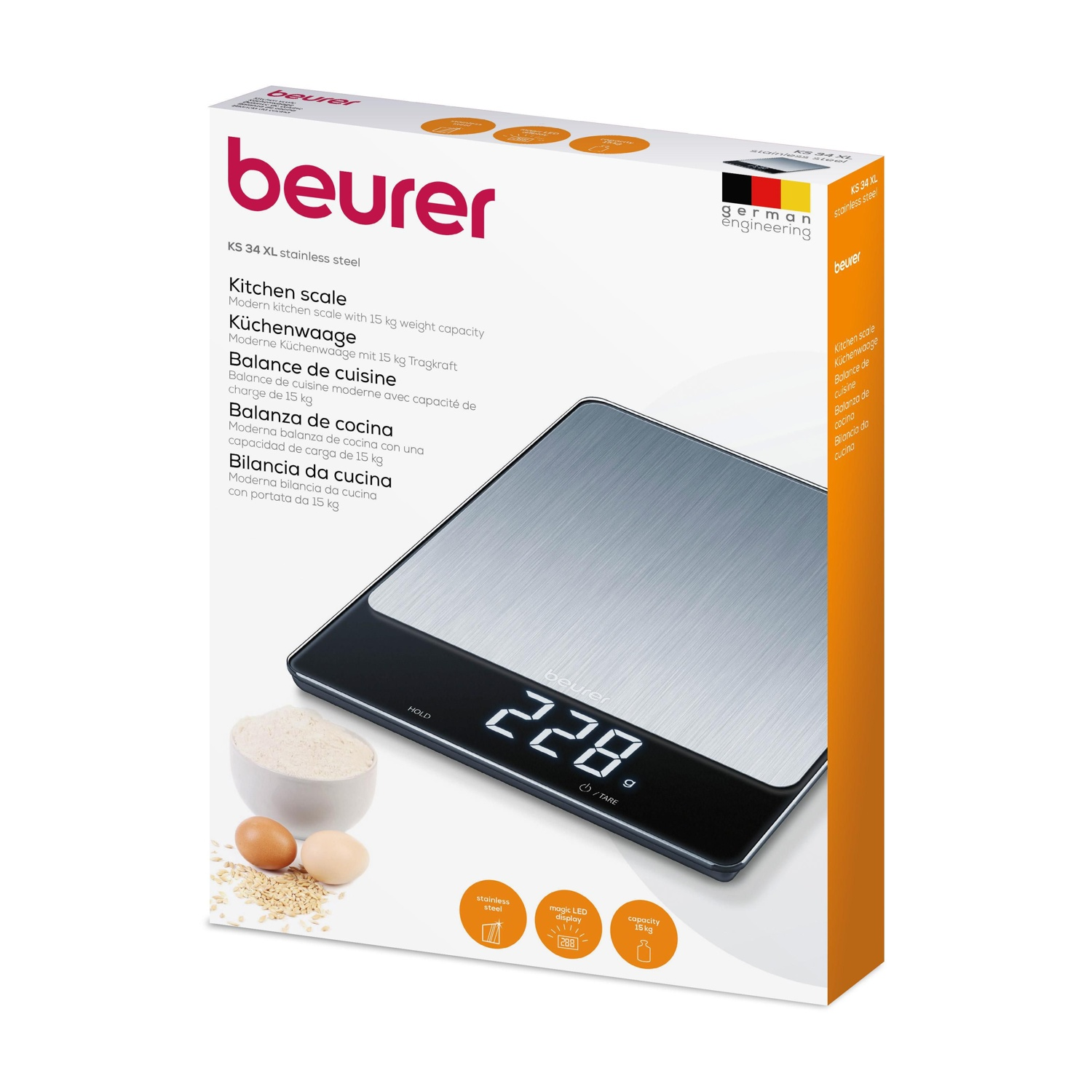 Bilancia da cucina Beurer KS 34 XL, acciaio inox, con ciotola, uova e chicchi.