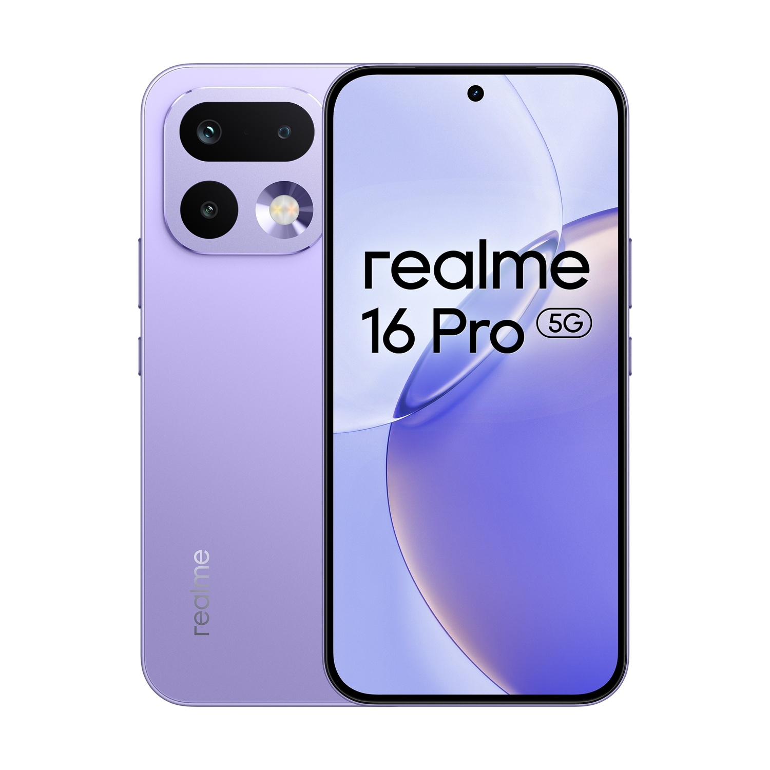 Uno smartphone viola con tre fotocamere posteriori e flash.