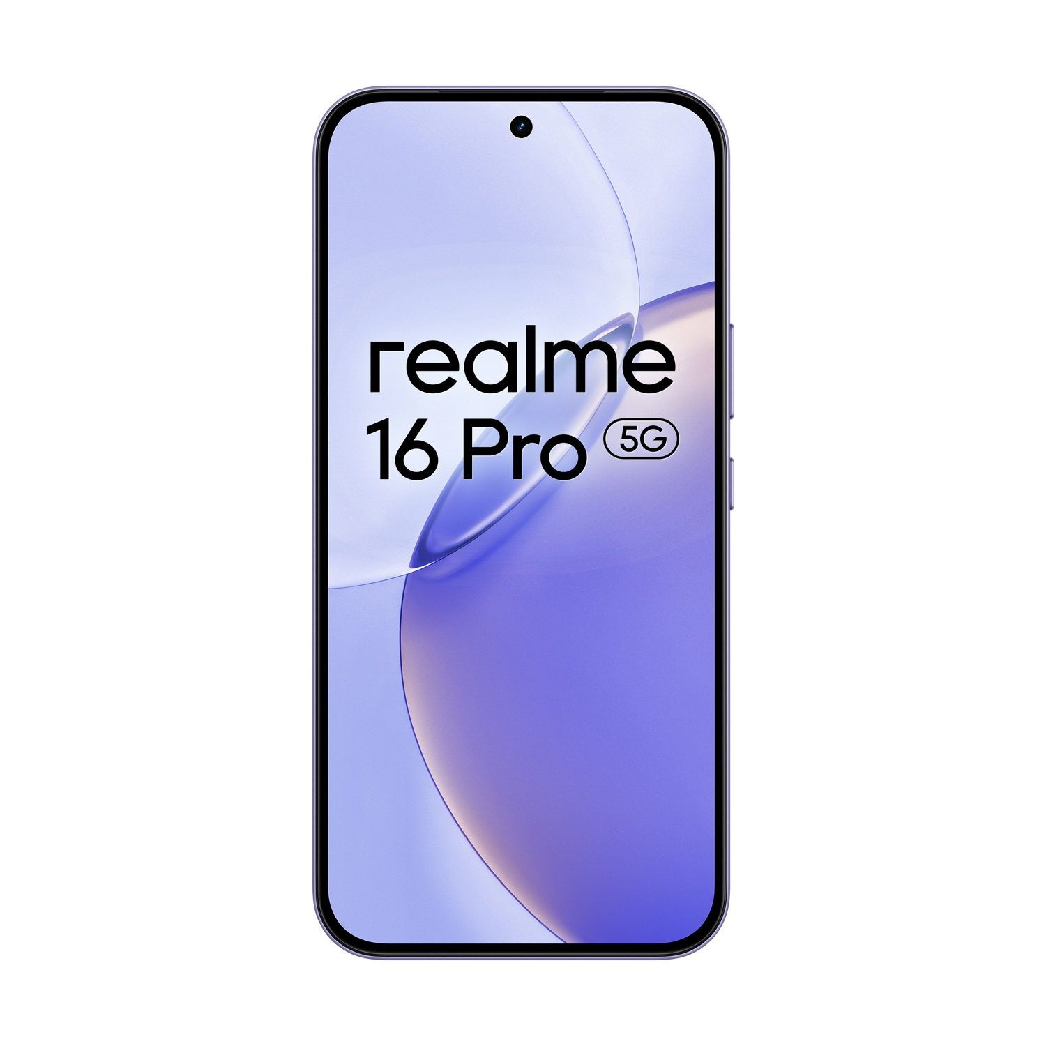 Uno smartphone viola mostra "realme 16 Pro 5G" sullo schermo.