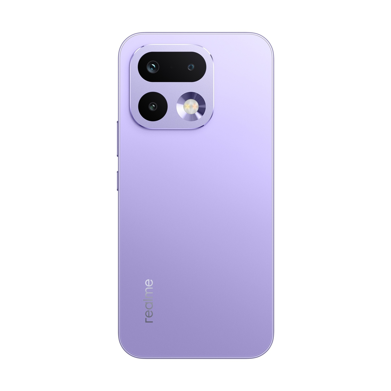 Retro smartphone viola con doppia fotocamera e flash. Logo Realme.