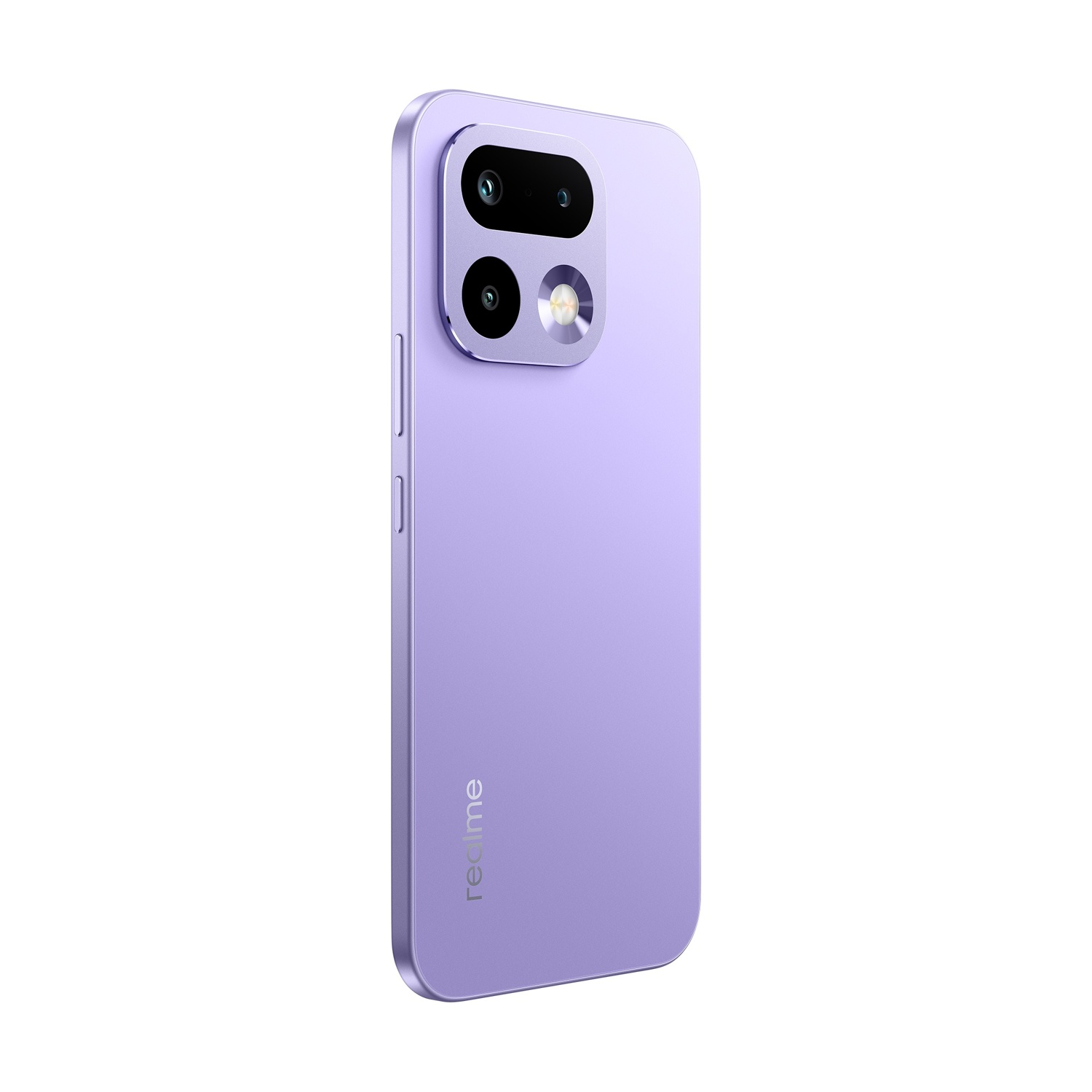 Uno smartphone viola con tripla fotocamera e flash sul retro.