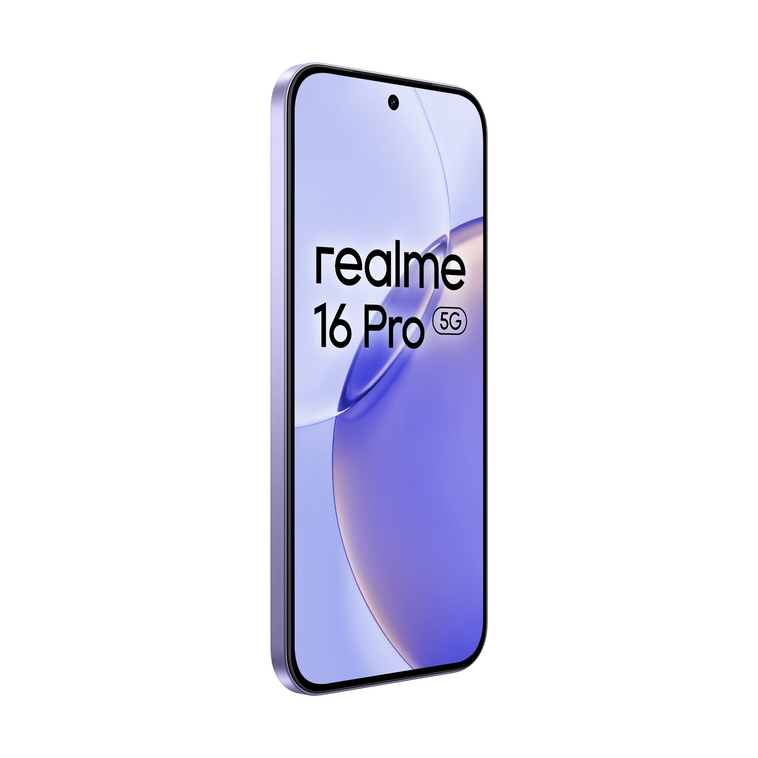 Smartphone Realme 16 Pro 5G viola con motivo a onde sullo schermo.