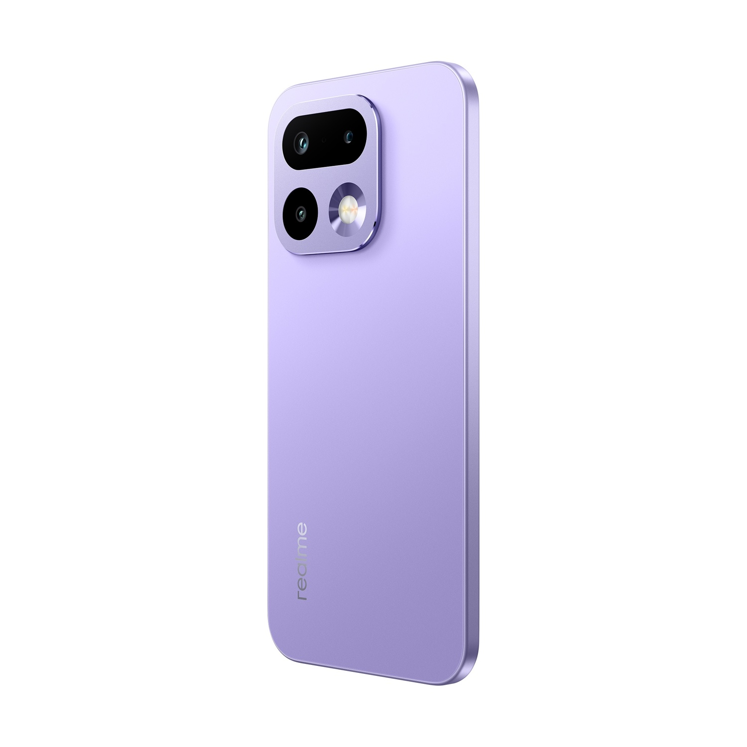 Smartphone viola con fotocamera visibile e logo Realme, visto da destra.