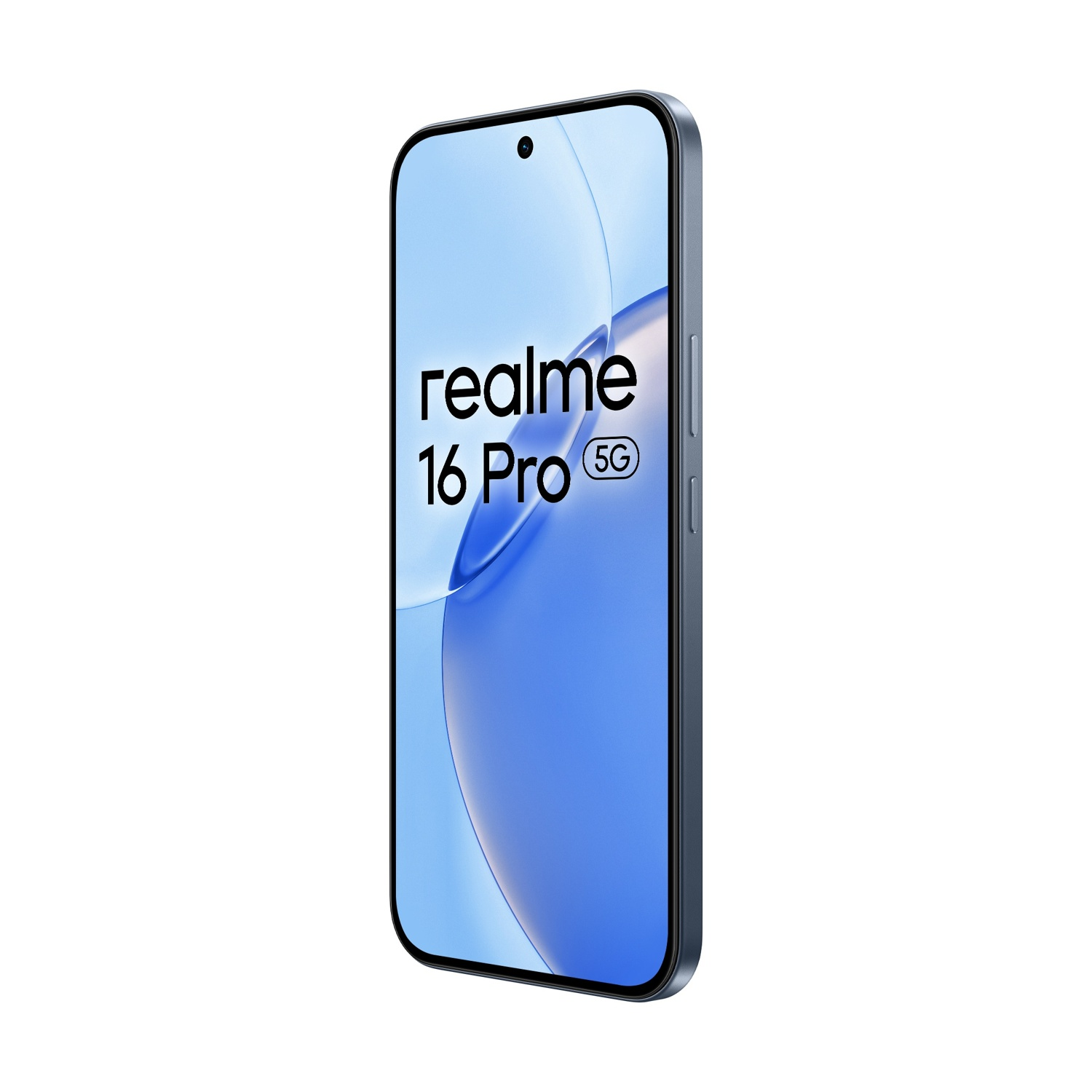 Uno smartphone scuro mostra 'realme 16 Pro 5G' sullo schermo.