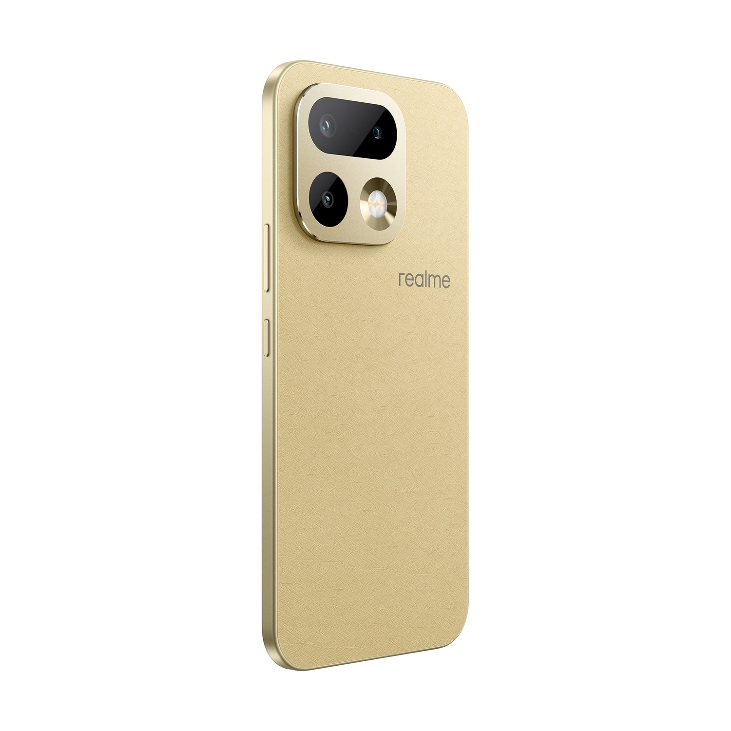 Uno smartphone Realme dorato con tre fotocamere sul retro.