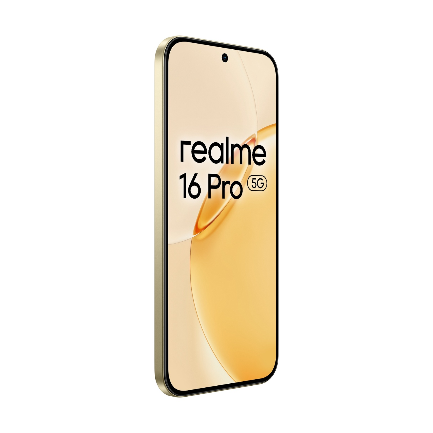 Uno smartphone Realme 16 Pro 5G dorato visto di sbieco su sfondo bianco.