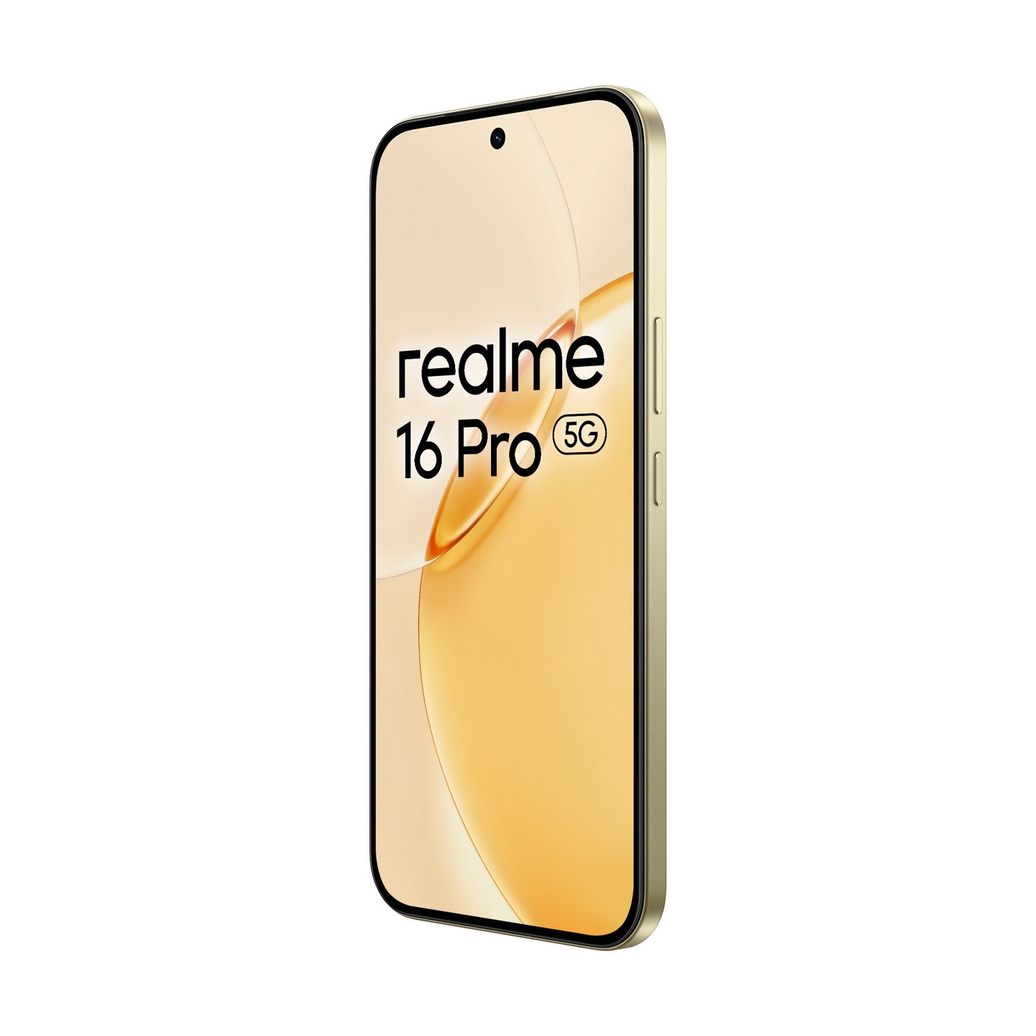 Smartphone Realme 16 Pro 5G dorato con display curvo.